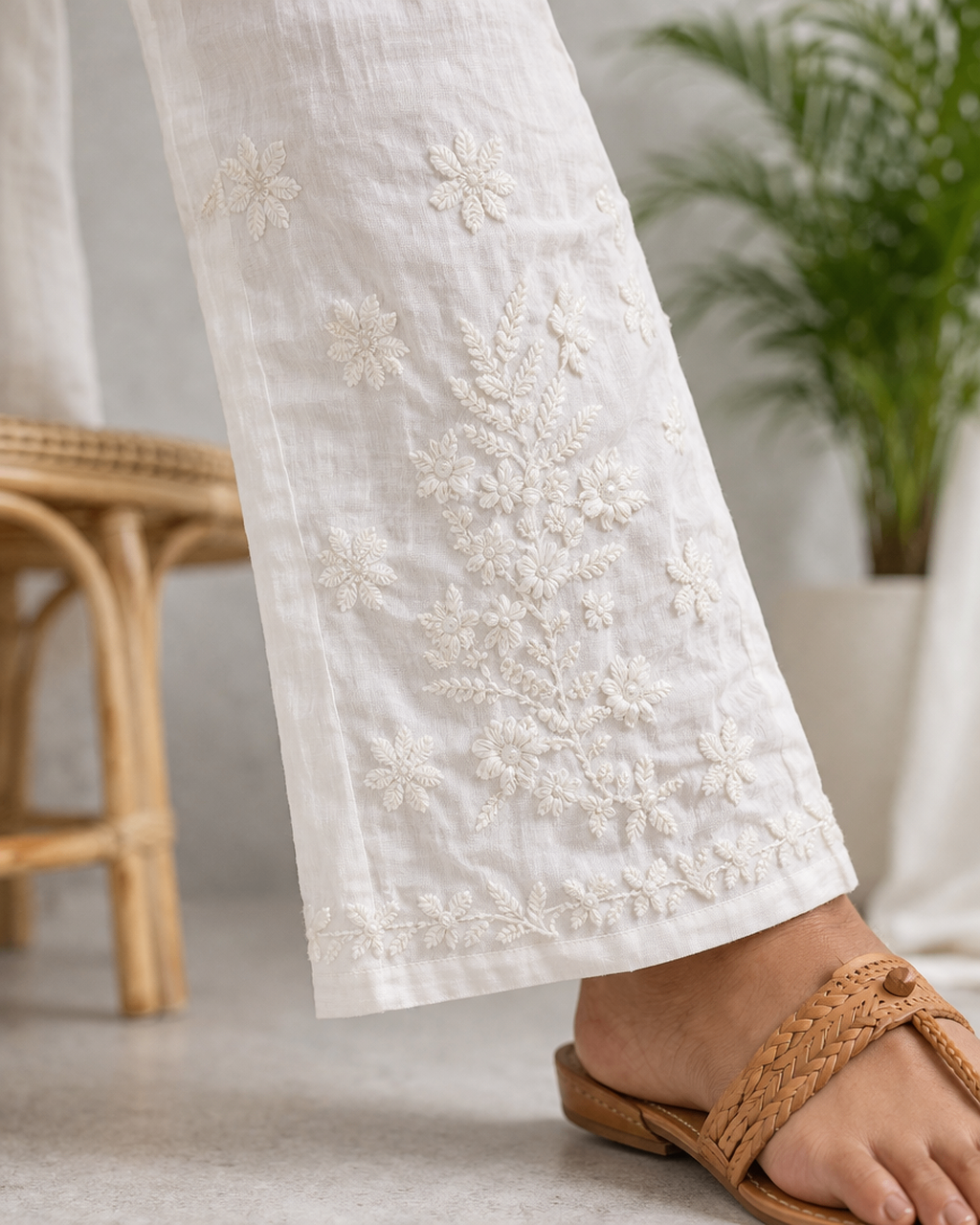 Karigiri White Chikankari Cotton Palazzo Pants_KF0196
