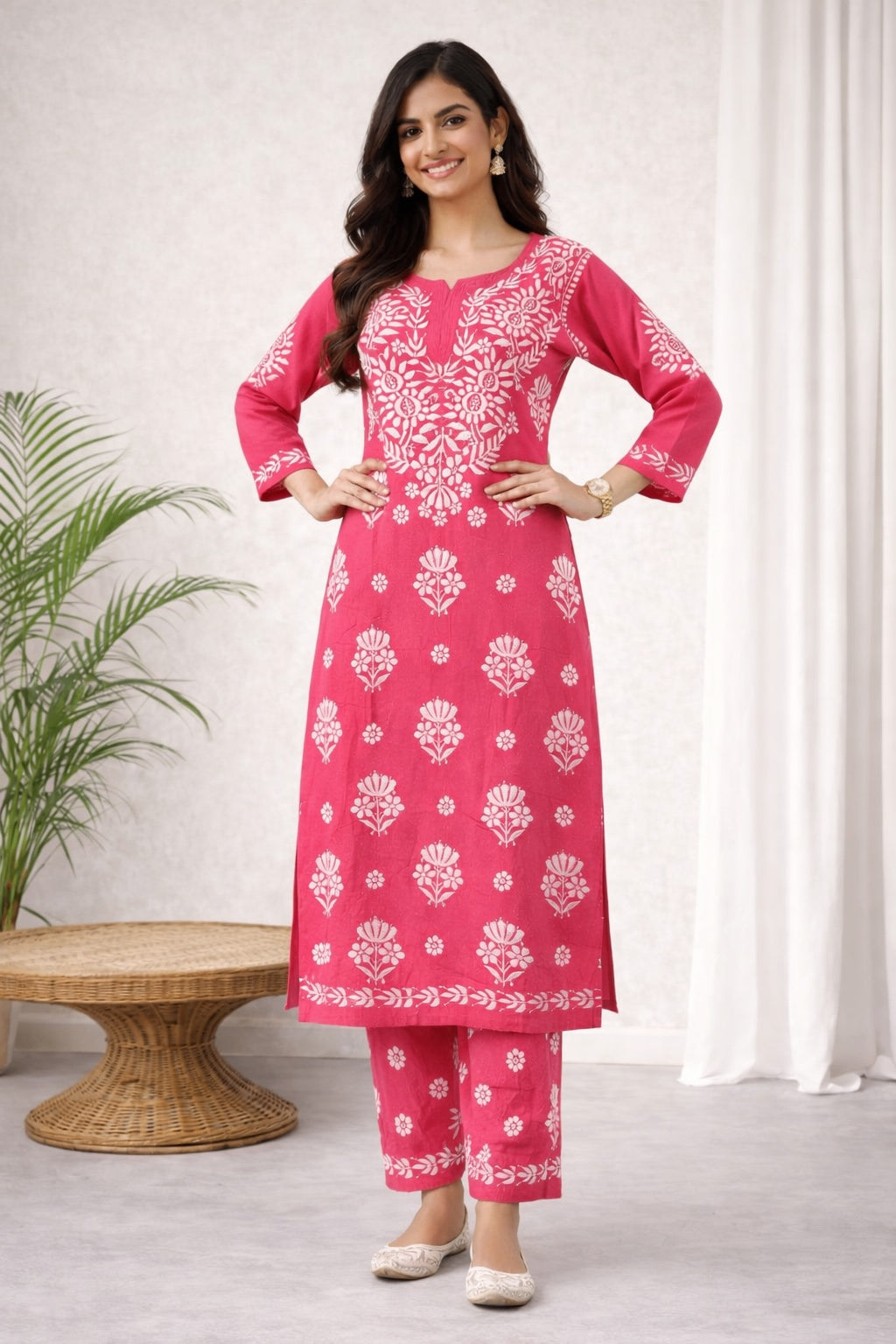Karigiri Rani Pink Chikankari Kurti Set Soft Mulmul Cotton_KF0162