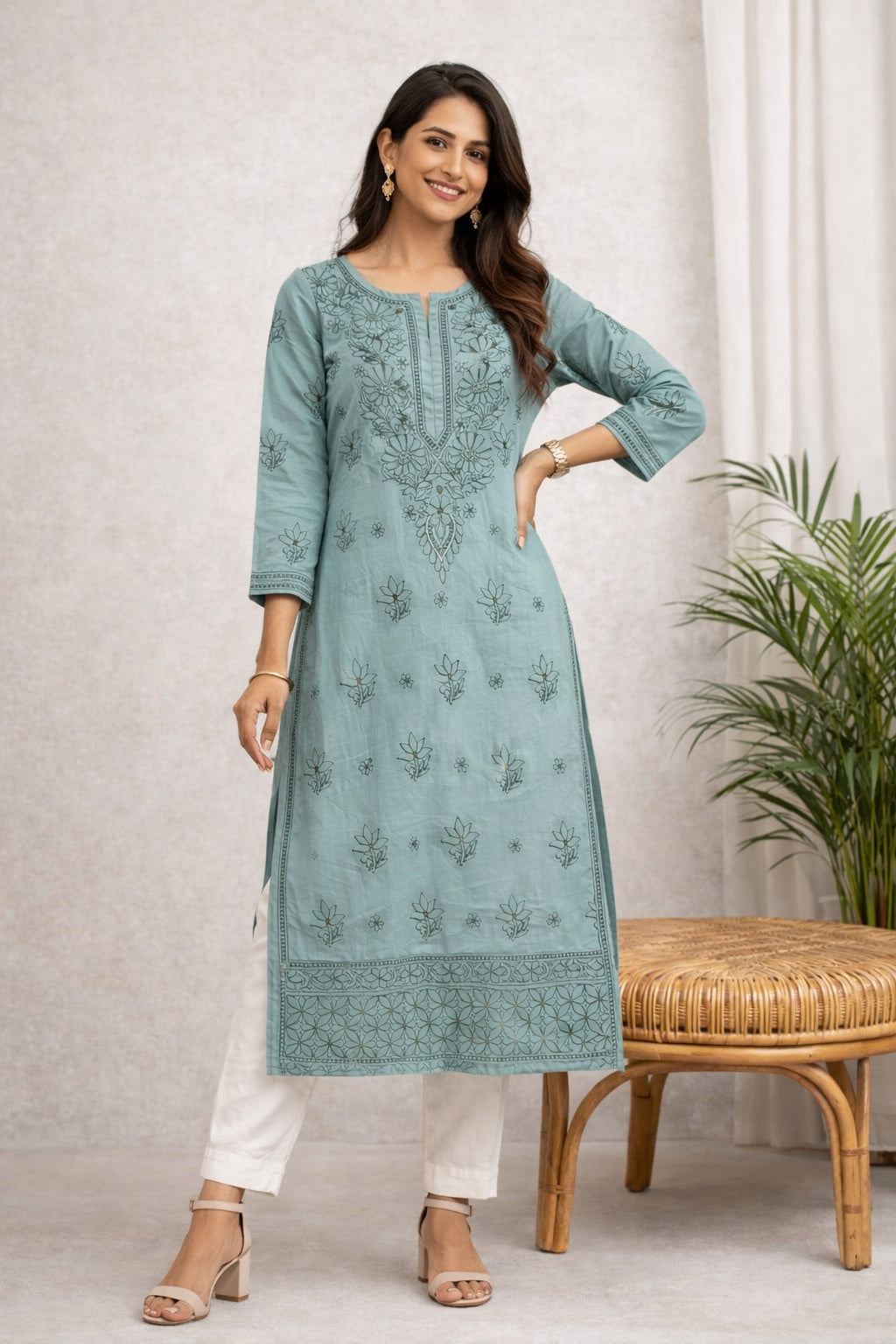 Karigiri Grey Chikankari Cotton Kurti Floral Work_KF0047