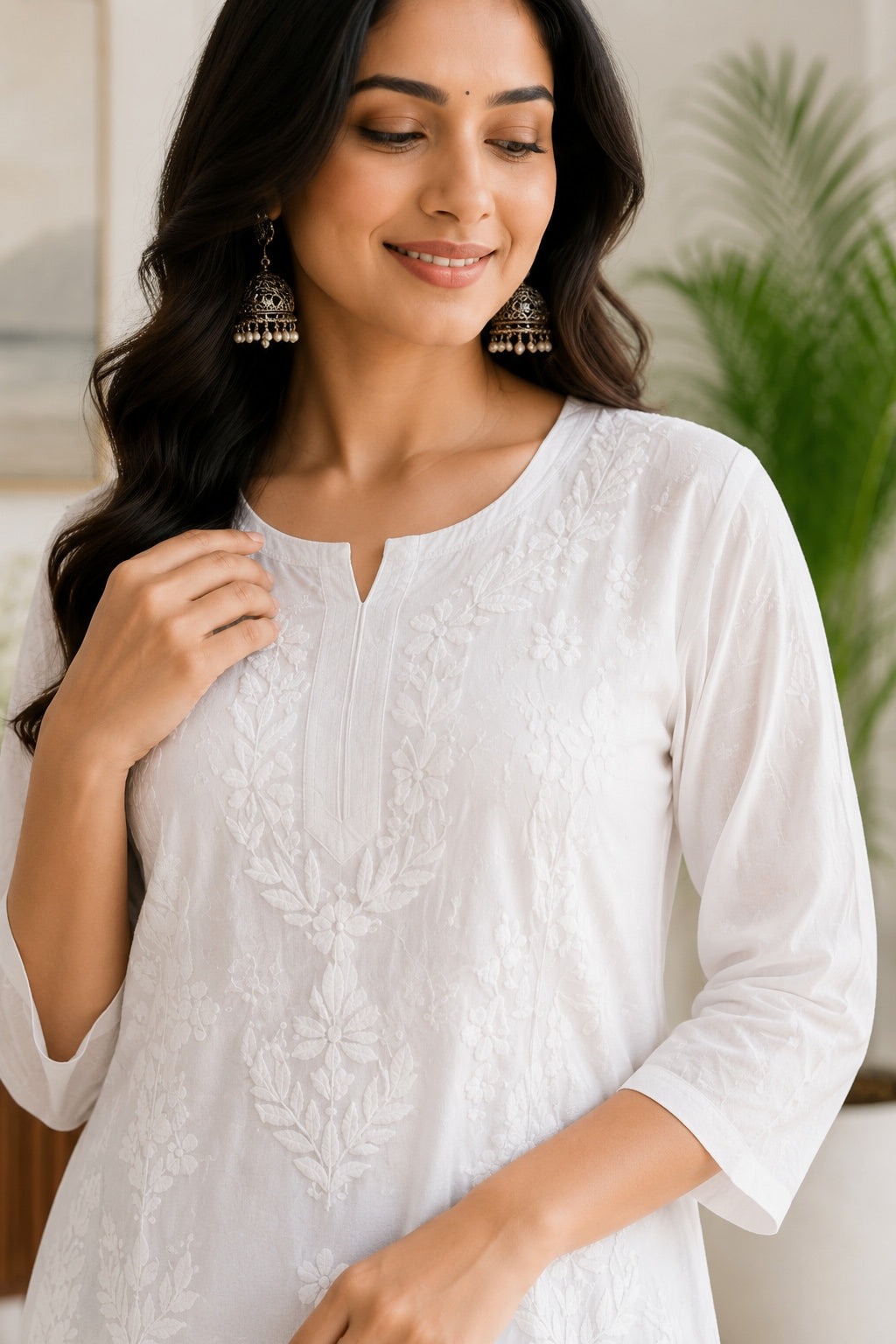 Karigiri White Lucknowi Chikankari Mulmul Cotton Kurti_KF0202