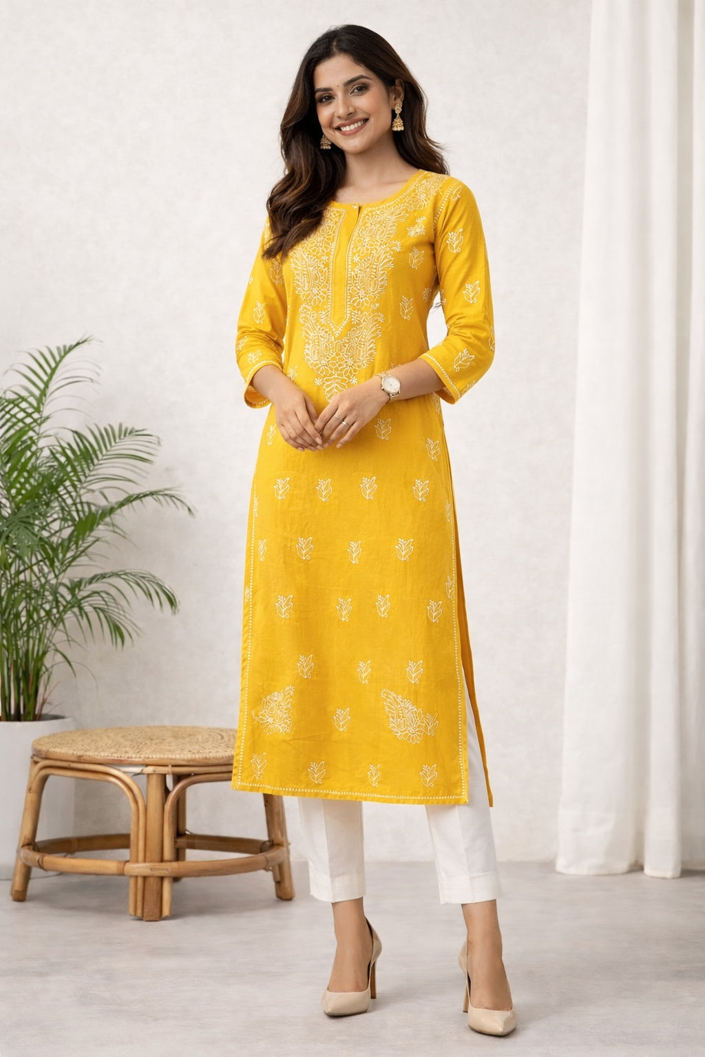 Karigiri Mustard Yellow Chikankari Cotton Kurti_KF0133