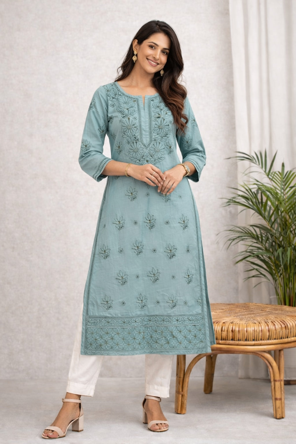 Karigiri Grey Chikankari Cotton Kurti Floral Work_KF0047