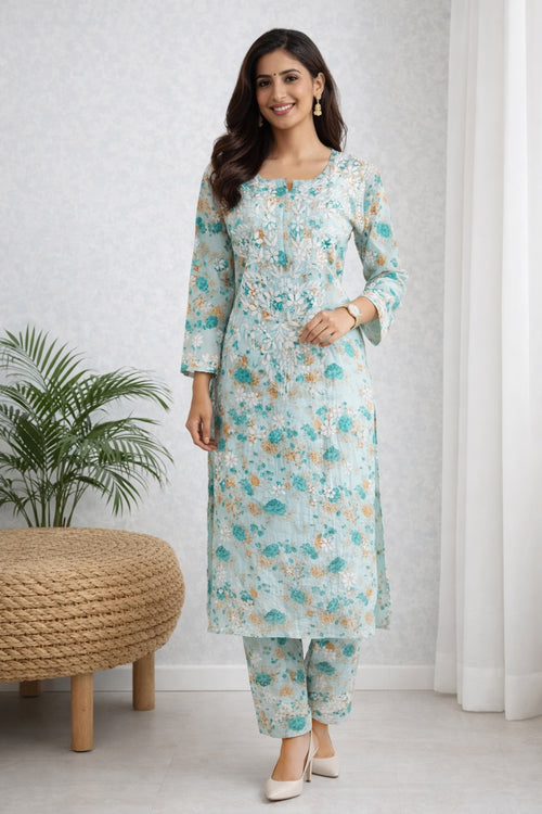 Karigiri Aqua Blue Chikankari Kurti Set Cotton_KF0001