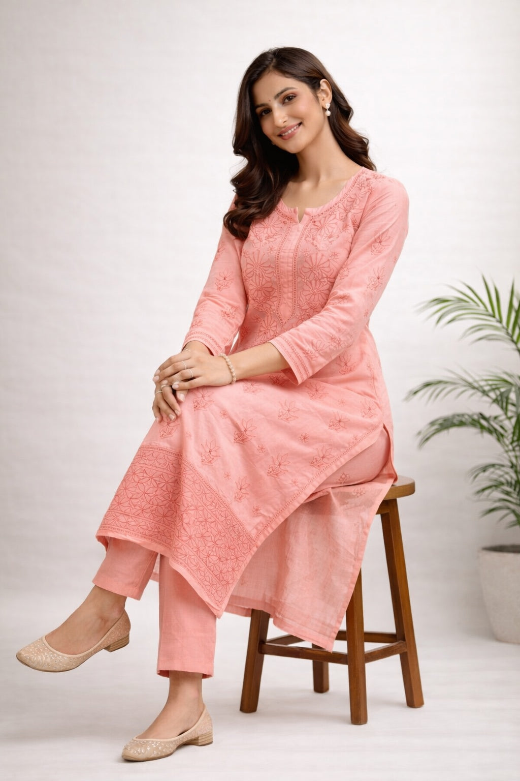 Karigiri Peach Chikankari Cotton Kurti for Women_KF0093