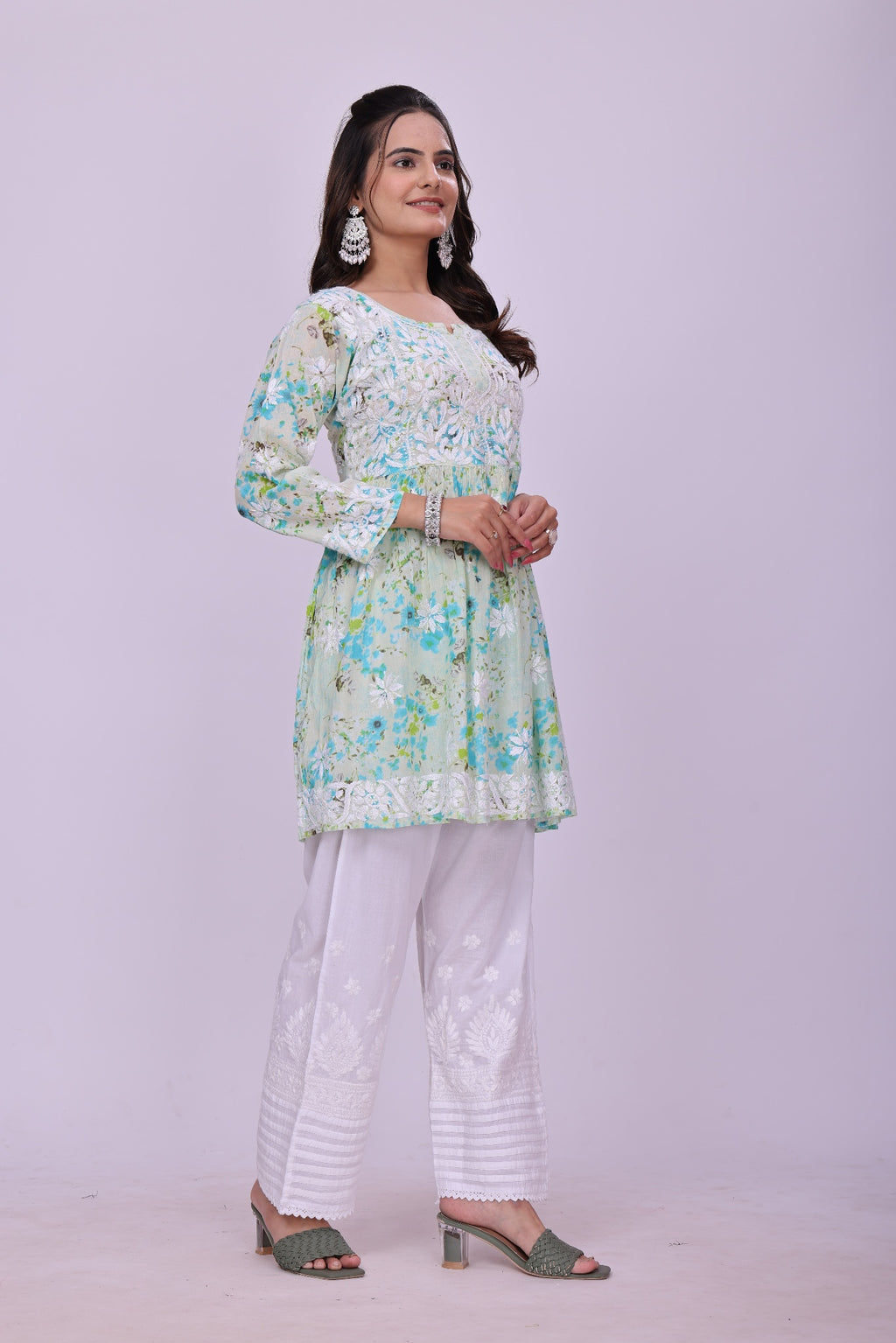 Karigiri Green Floral Chikankari Frock Style Short Kurta_KF0122