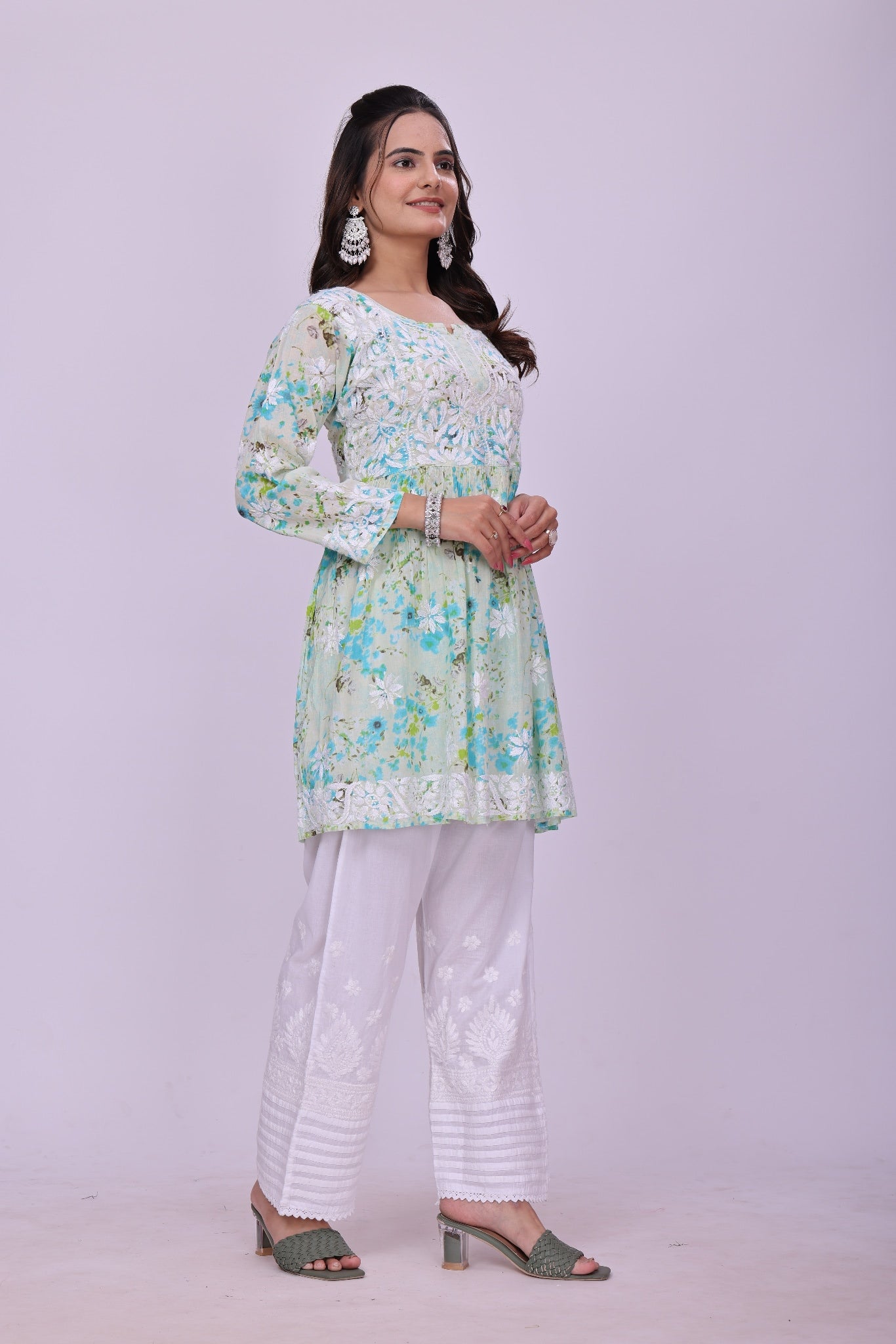 Karigiri Green Floral Chikankari Frock Style Short Kurta_KF0122