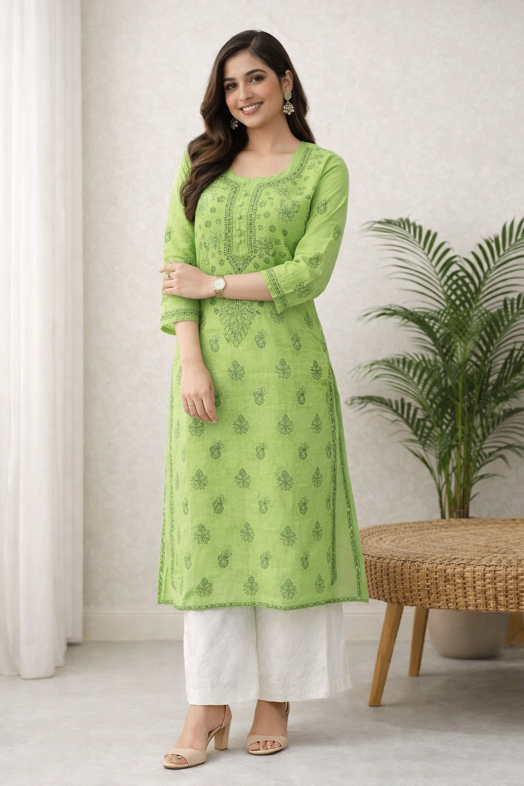 Karigiri Lime Green Pure Cotton Chikankari Kurti_KF0119
