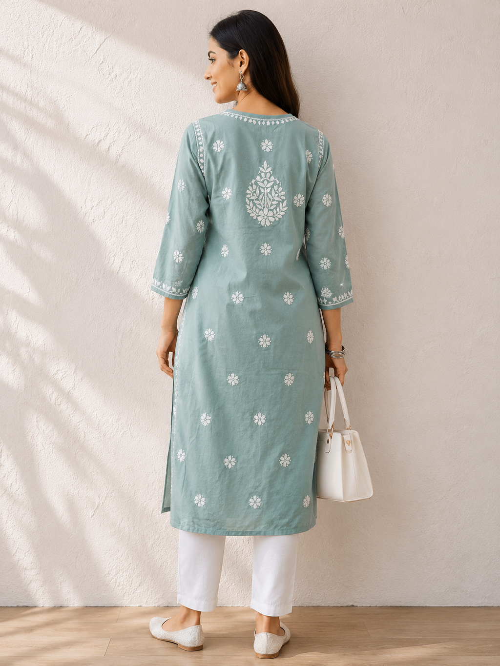 Karigiri Sage Green Lucknowi Chikankari Hand Embroidered Soft Mulmul Cotton Straight Kurti for Women, 3/4 Sleeve, Calf Length Ethnic Wear_KFSG0415