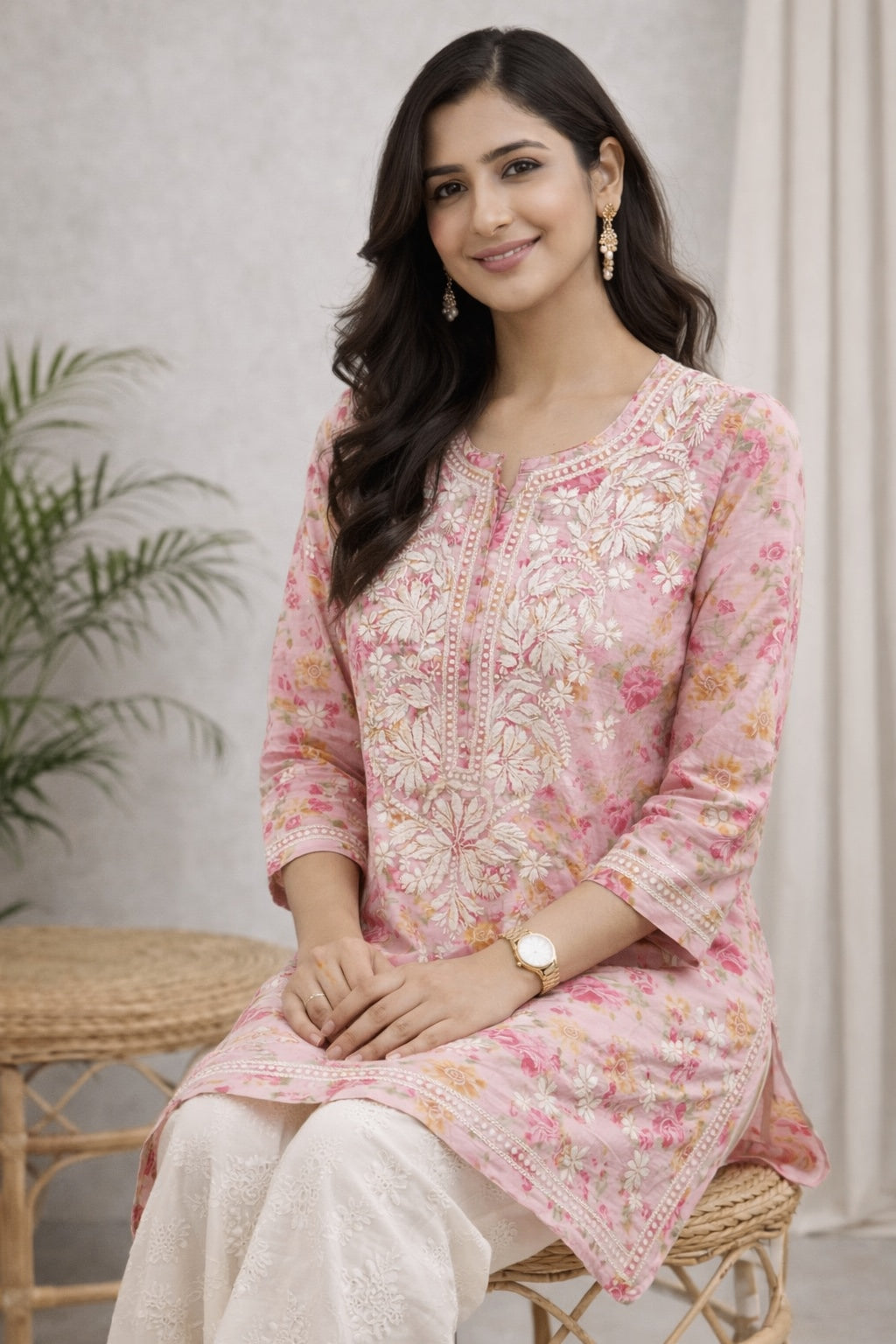 Karigiri Light Pink Floral Chikankari Printed Cotton Short Kurti_KF0116