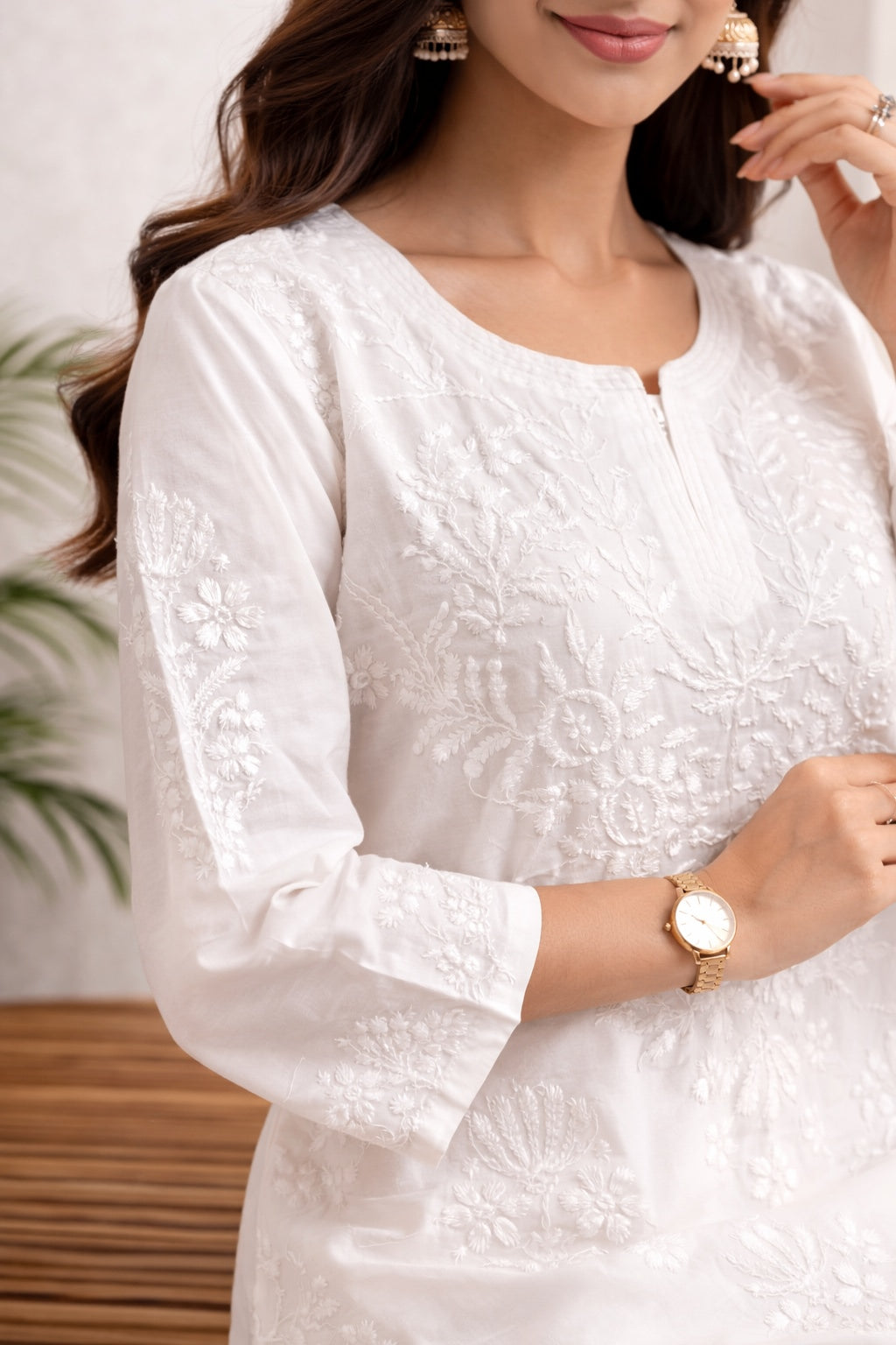 Karigiri White Floral Chikankari Cotton Kurti Set_KF0026