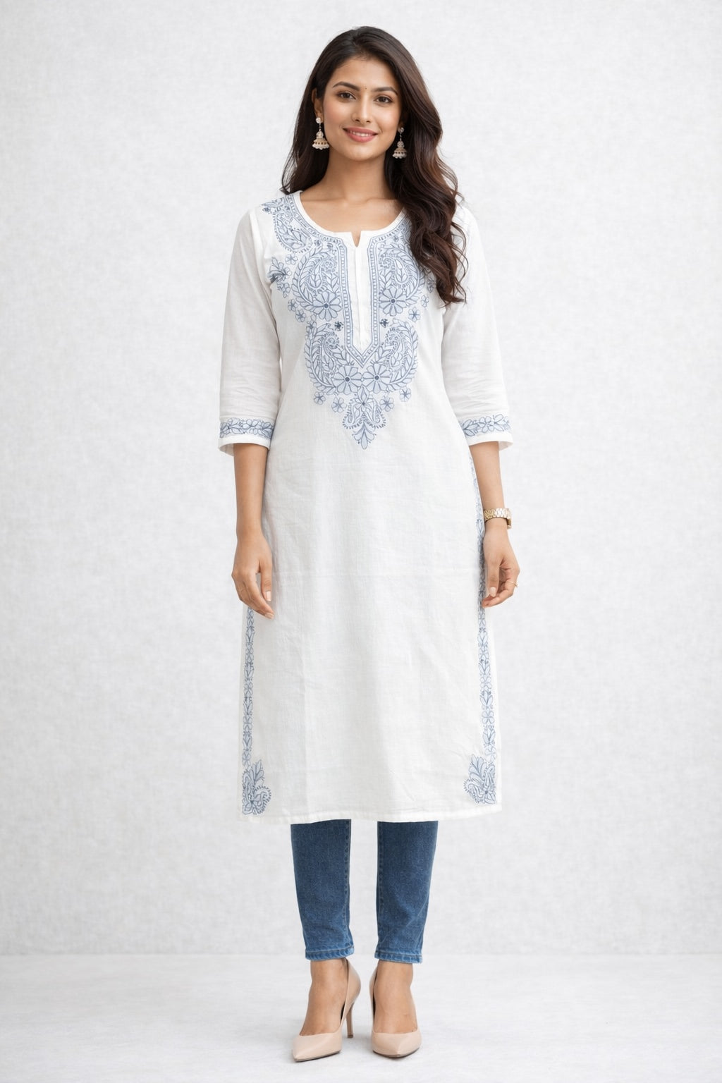 Karigiri White Chikankari Cotton Kurti Women_KF0107