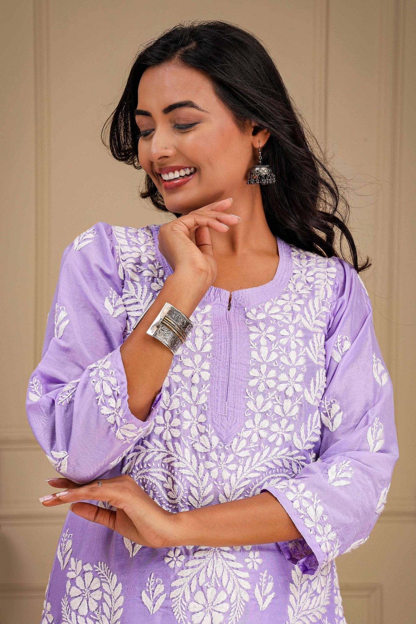 Karigiri Lavender Chikankari Hand Embroidered Muslin Kurti Set with White Floral Motifs, 3/4 Sleeves