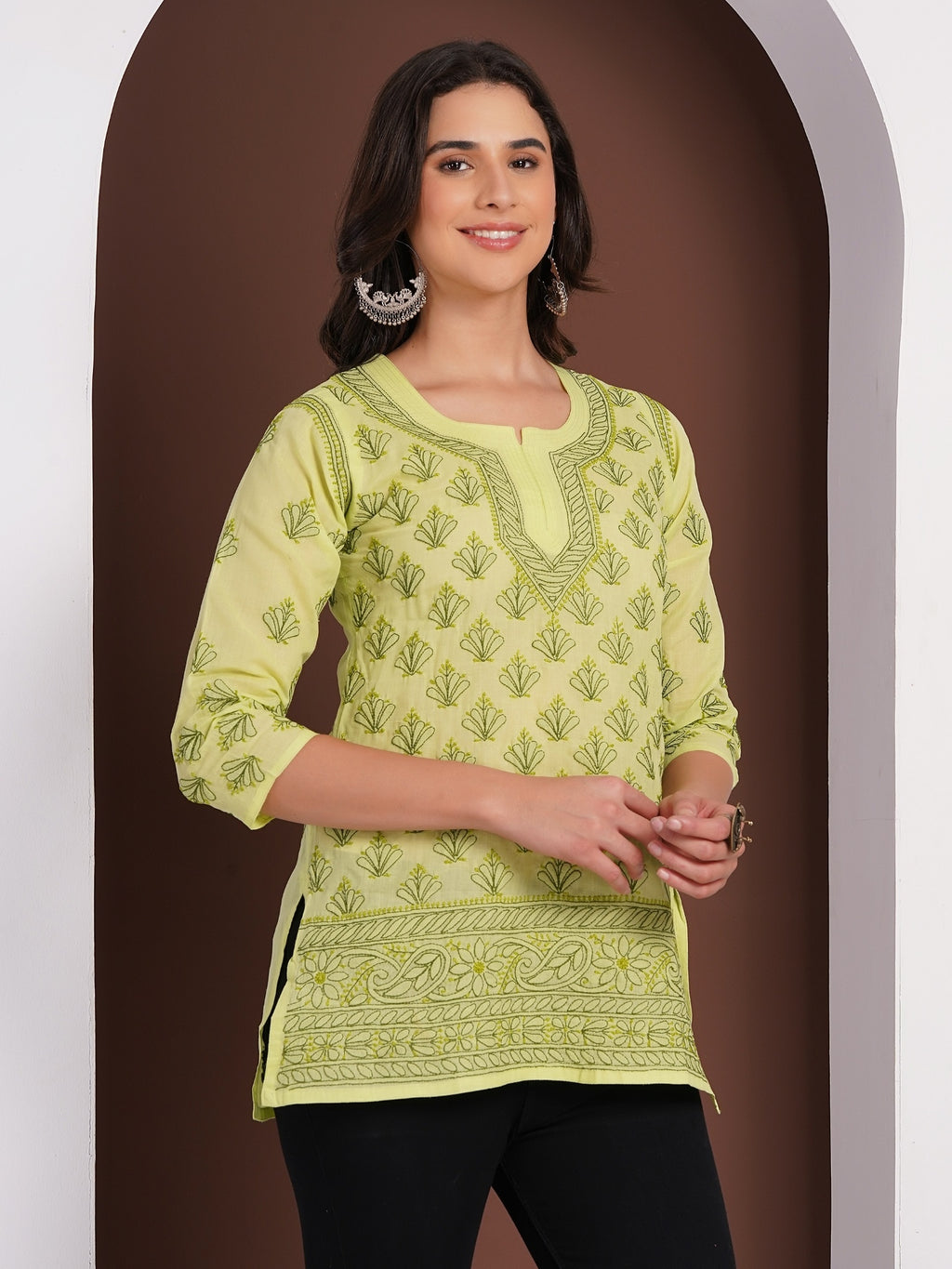 Karigiri Pistachio Green Chikankari Hand Embroidered Pure Cotton Straight Hip Length Short Kurti