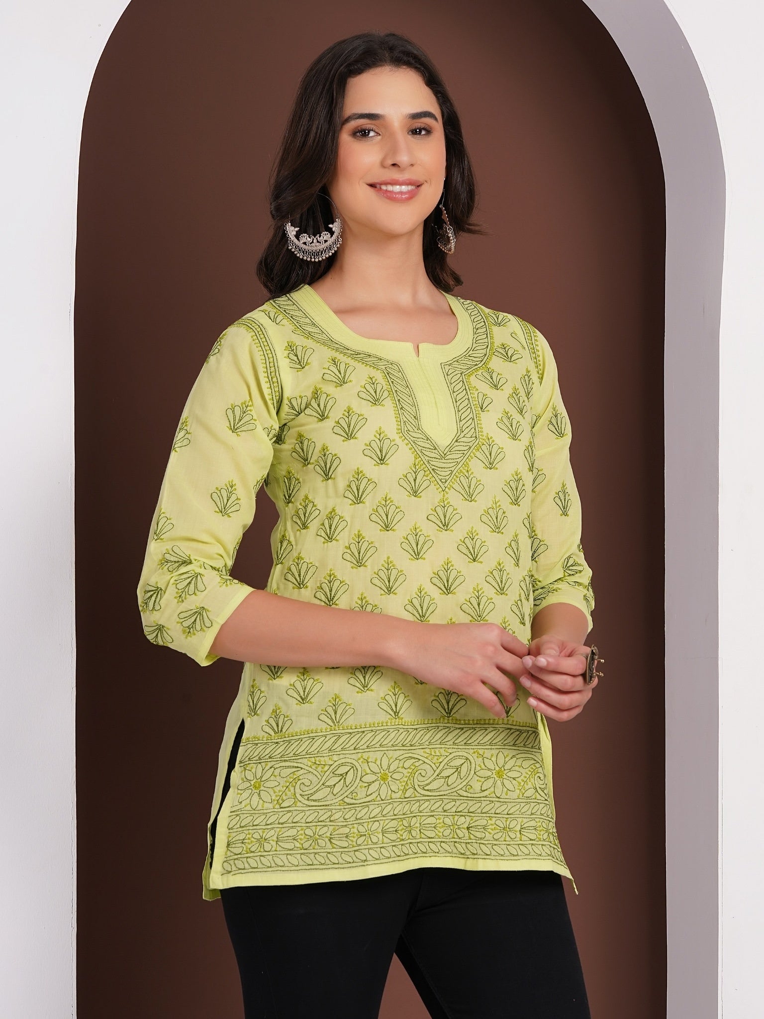 Karigiri Pistachio Green Chikankari Hand Embroidered Pure Cotton Straight Hip Length Short Kurti