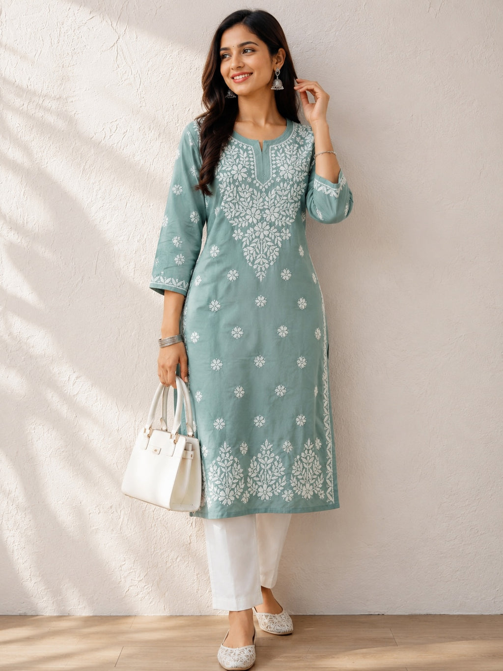 Karigiri Sage Green Lucknowi Chikankari Hand Embroidered Soft Mulmul Cotton Straight Kurti for Women, 3/4 Sleeve, Calf Length Ethnic Wear_KFSG0415