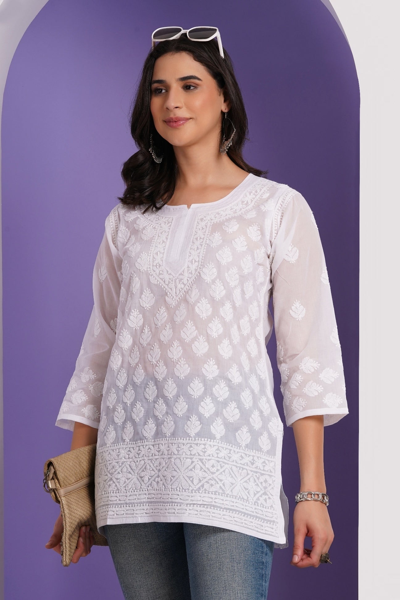 Karigiri White Lucknowi Chikankari Hand Embroidered Pure Cotton Straight Hip Length Short Kurti, 3/4 Sleeve