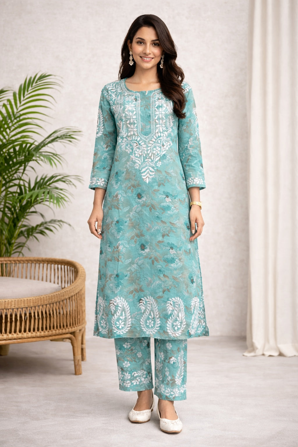 Karigiri Sea Green Floral Chikankari Kurti Set Printed Cotton_KF0166