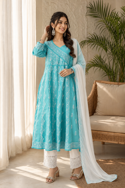 Karigiri Aqua Blue Hand Embroidered Chikankari Cotton Anarkali Kurti