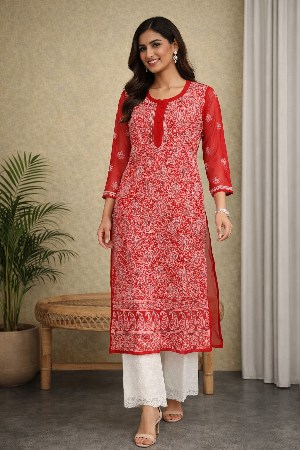 Karigiri Red Georgette Chikankari Kurti Jaaldar work_KF0172