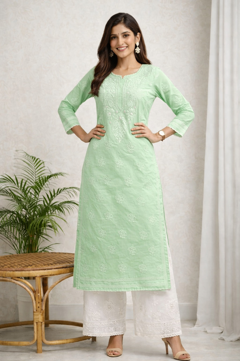 Karigiri Mint Green Chikankari Cotton Kurti_KF0054