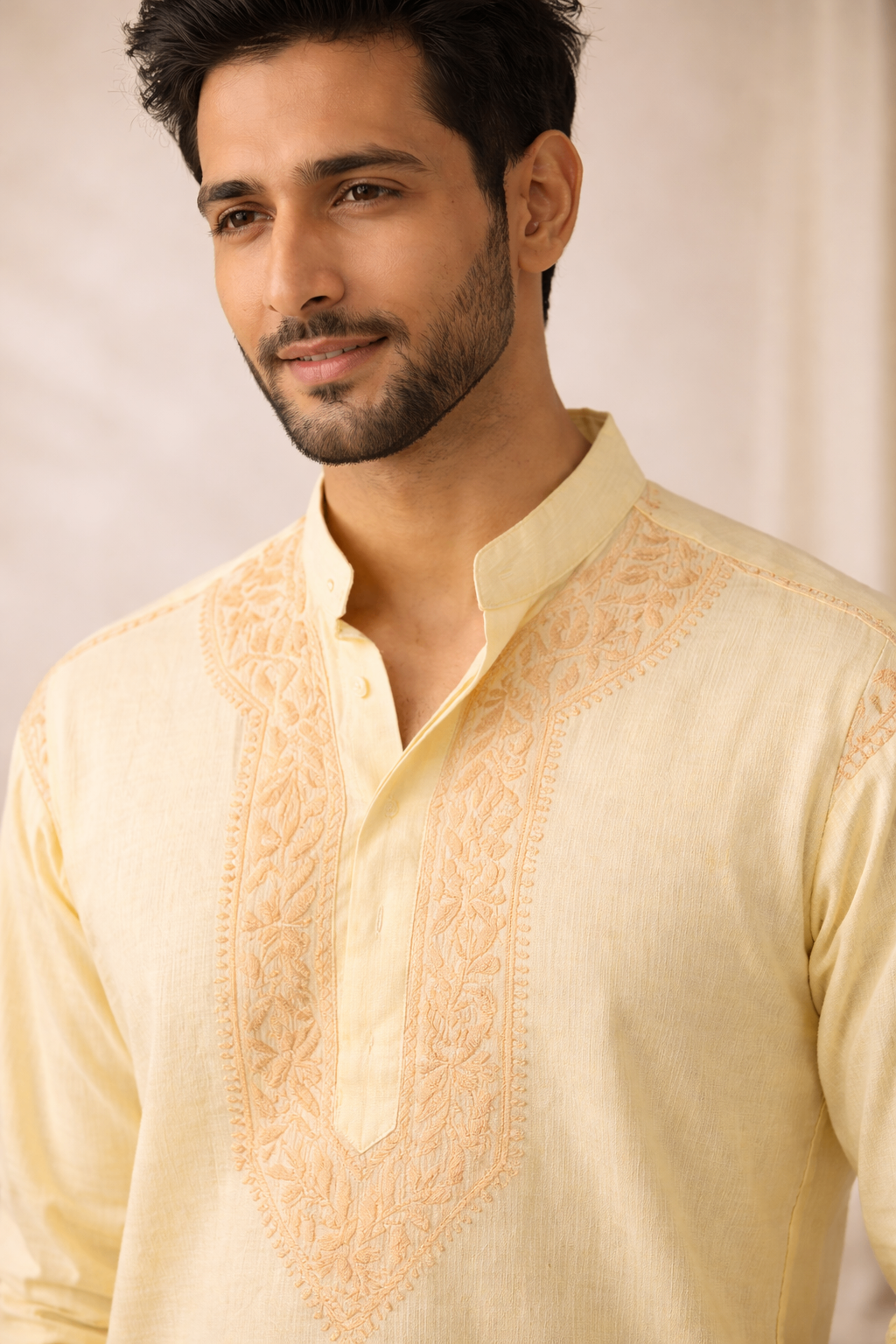 Karigiri Yellow Chikankari Cotton Men's Kurta Full Sleeve_KF0140