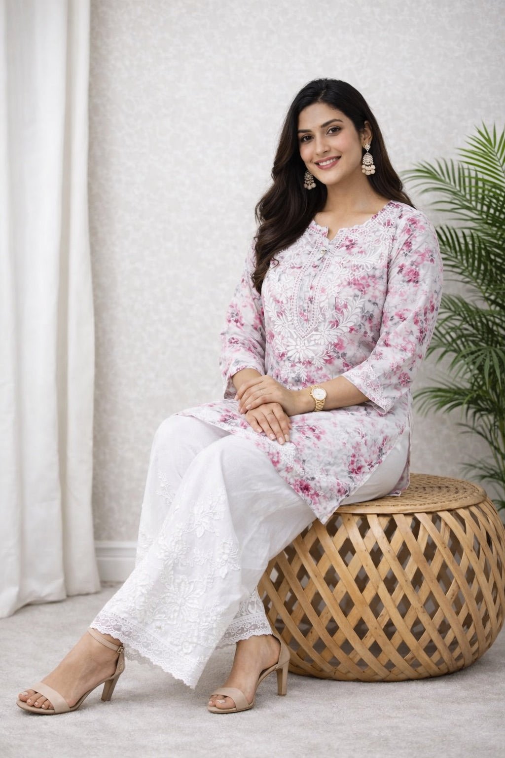 Karigiri White Pink Floral Chikankari Printed Cotton Short Kurti_KF0146