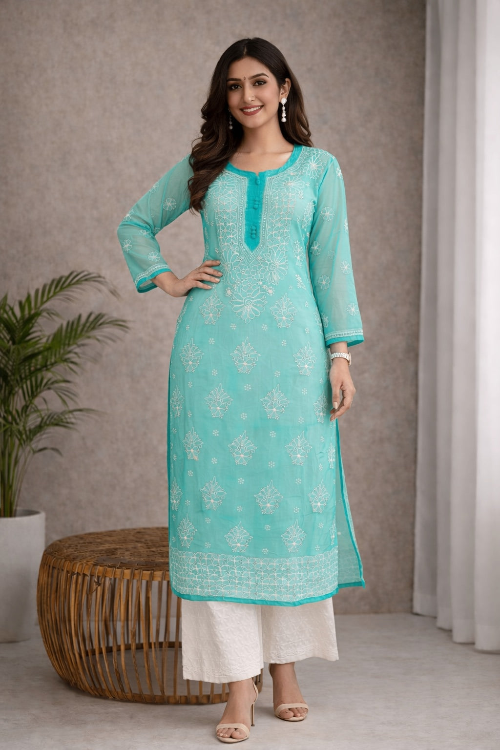 Karigiri Sea Green Chikankari Georgette Kurti Women_KF0176
