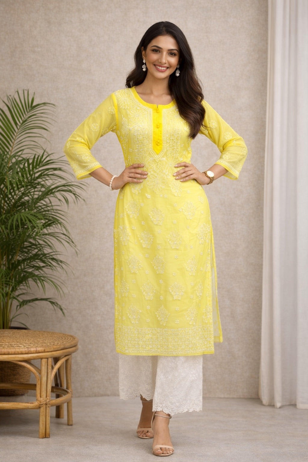 Karigiri Yellow Chikankari Georgette Kurti Women_KF0052