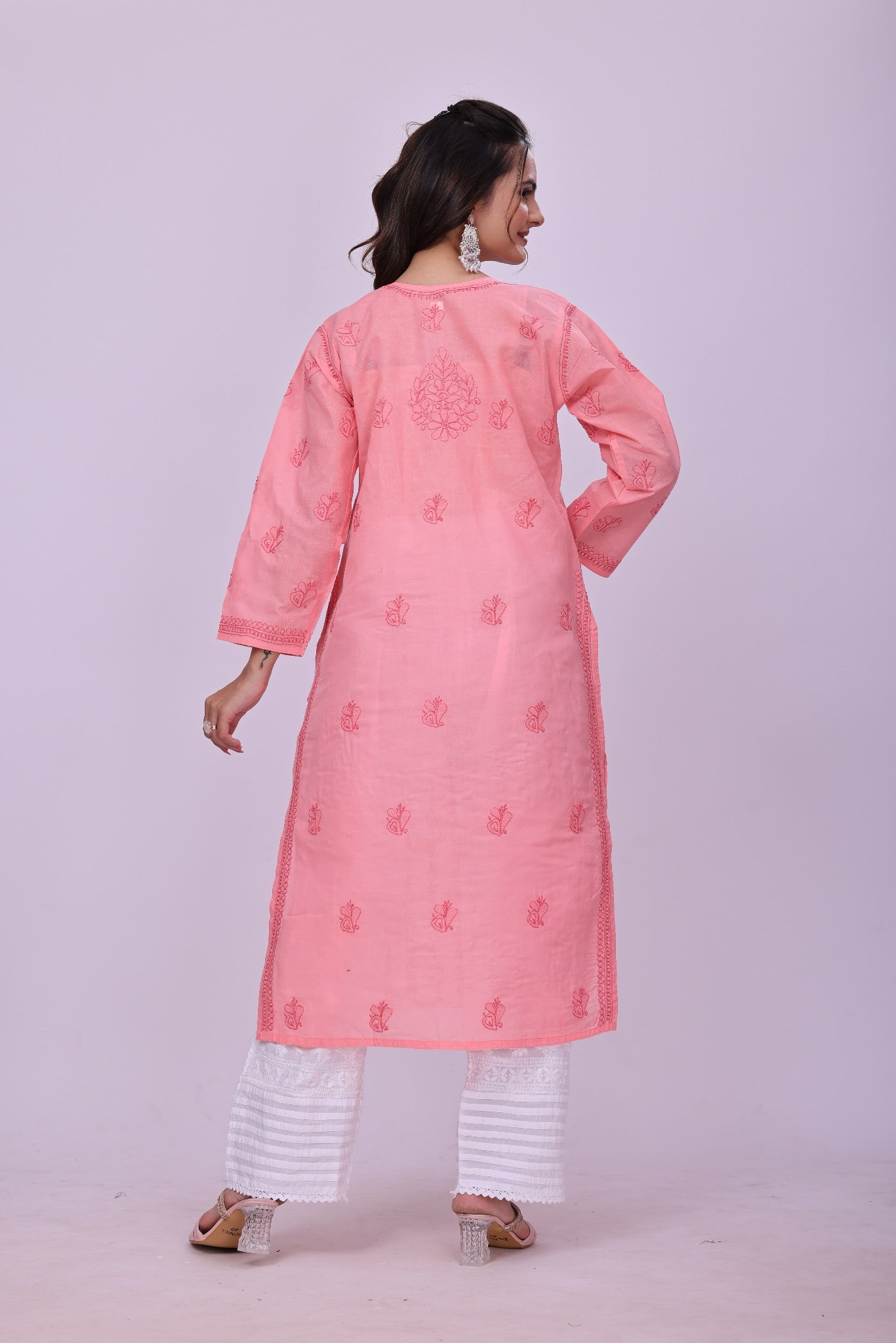 Karigiri Peach Pink Chikankari Cotton Kurti_KF0121