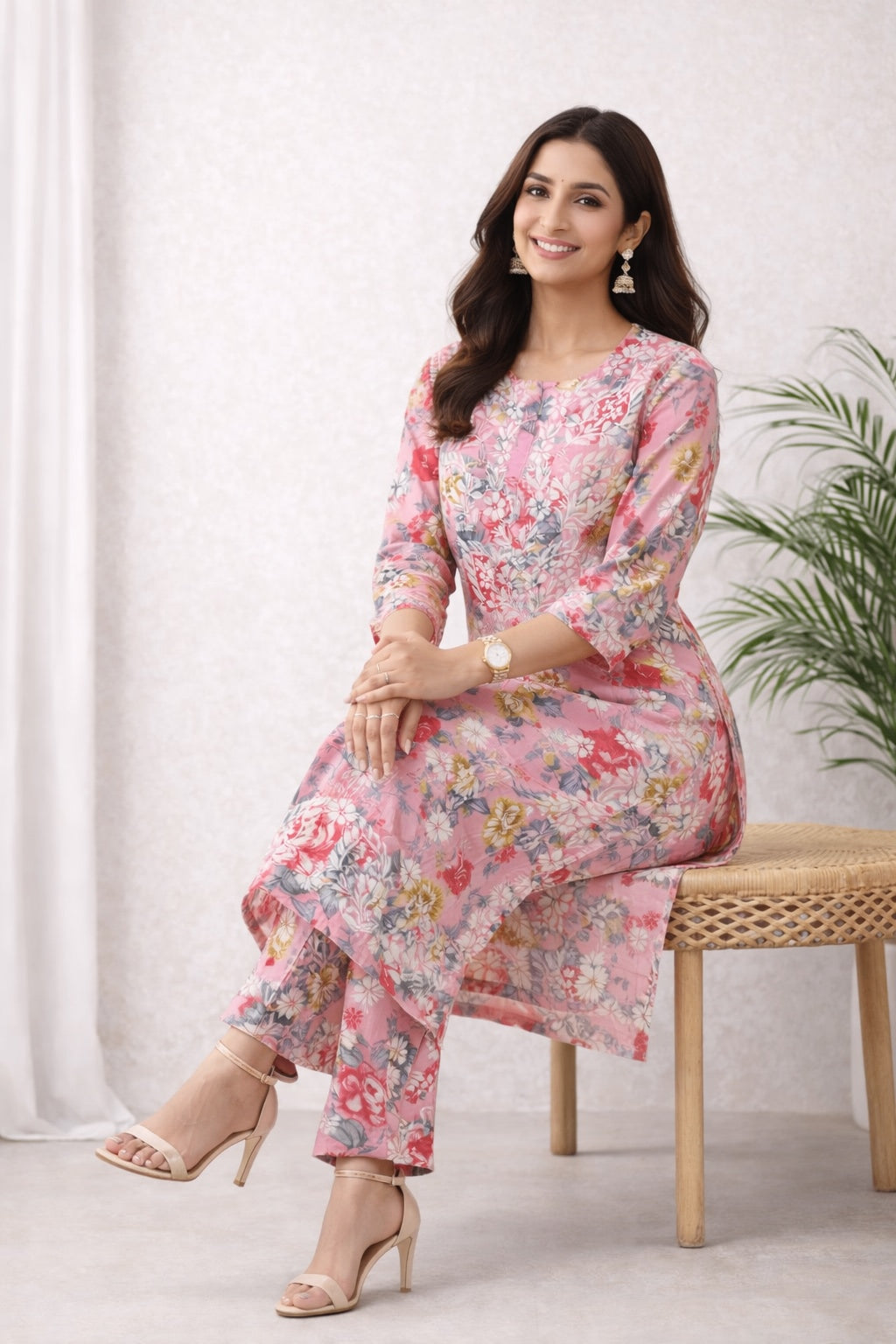 Karigiri Peach Floral Chikankari Printed Cotton Kurti Set_KF0141