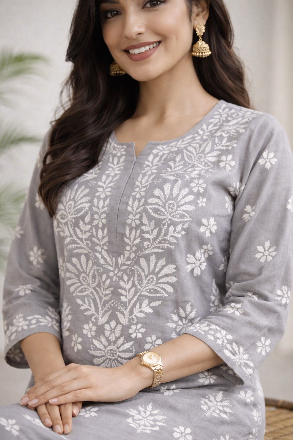Karigiri Grey Floral Chikankari Kurti Set_KF0031
