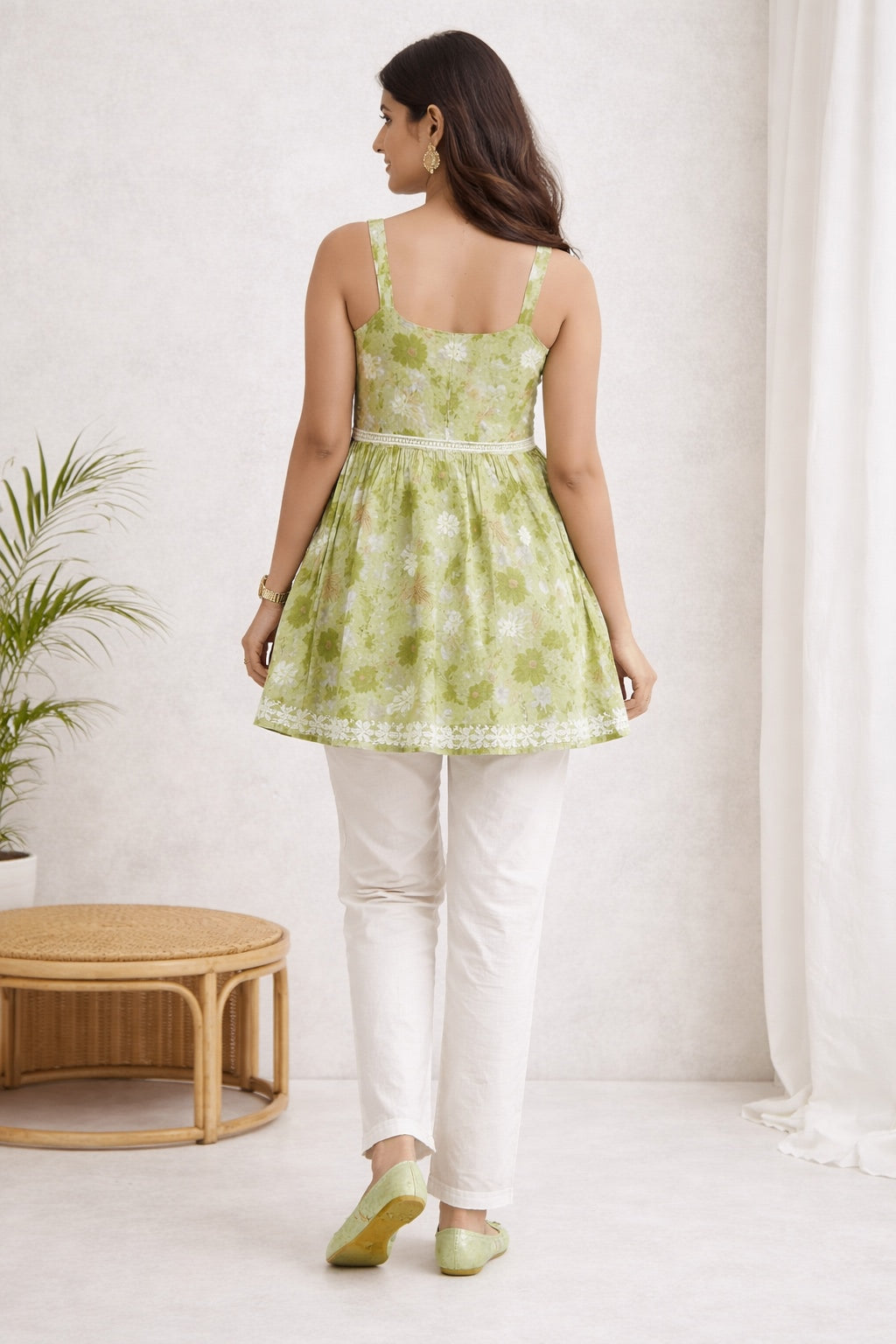 Karigiri Green Chikankari Printed Cotton Spaghetti Short Kurti_KF0118