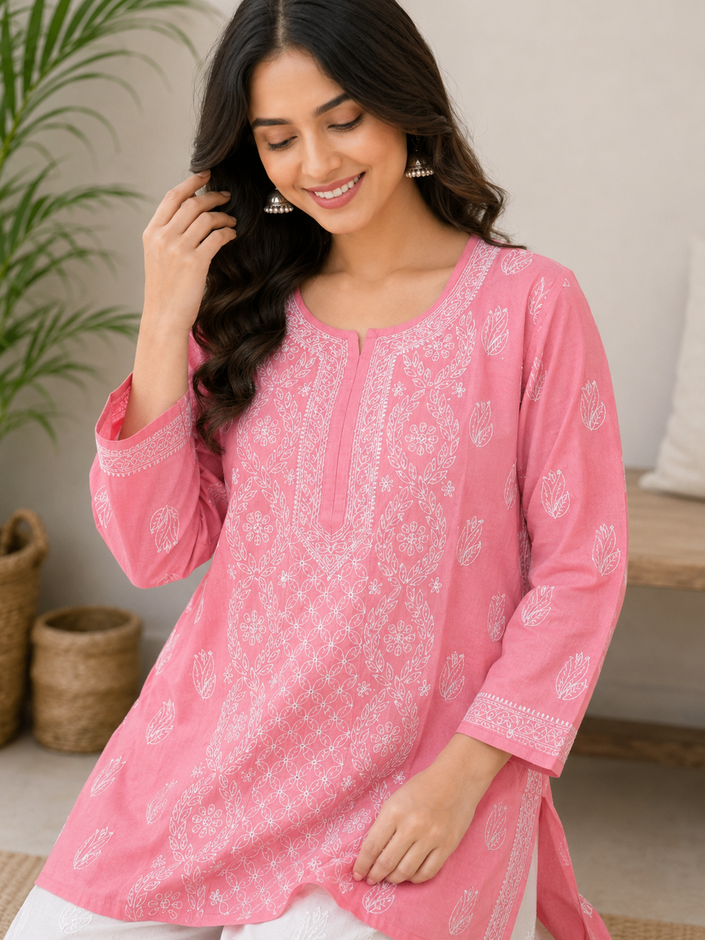 Karigiri Pink Hand Embroidered Chikankari Cotton Short Kurti_KF0304