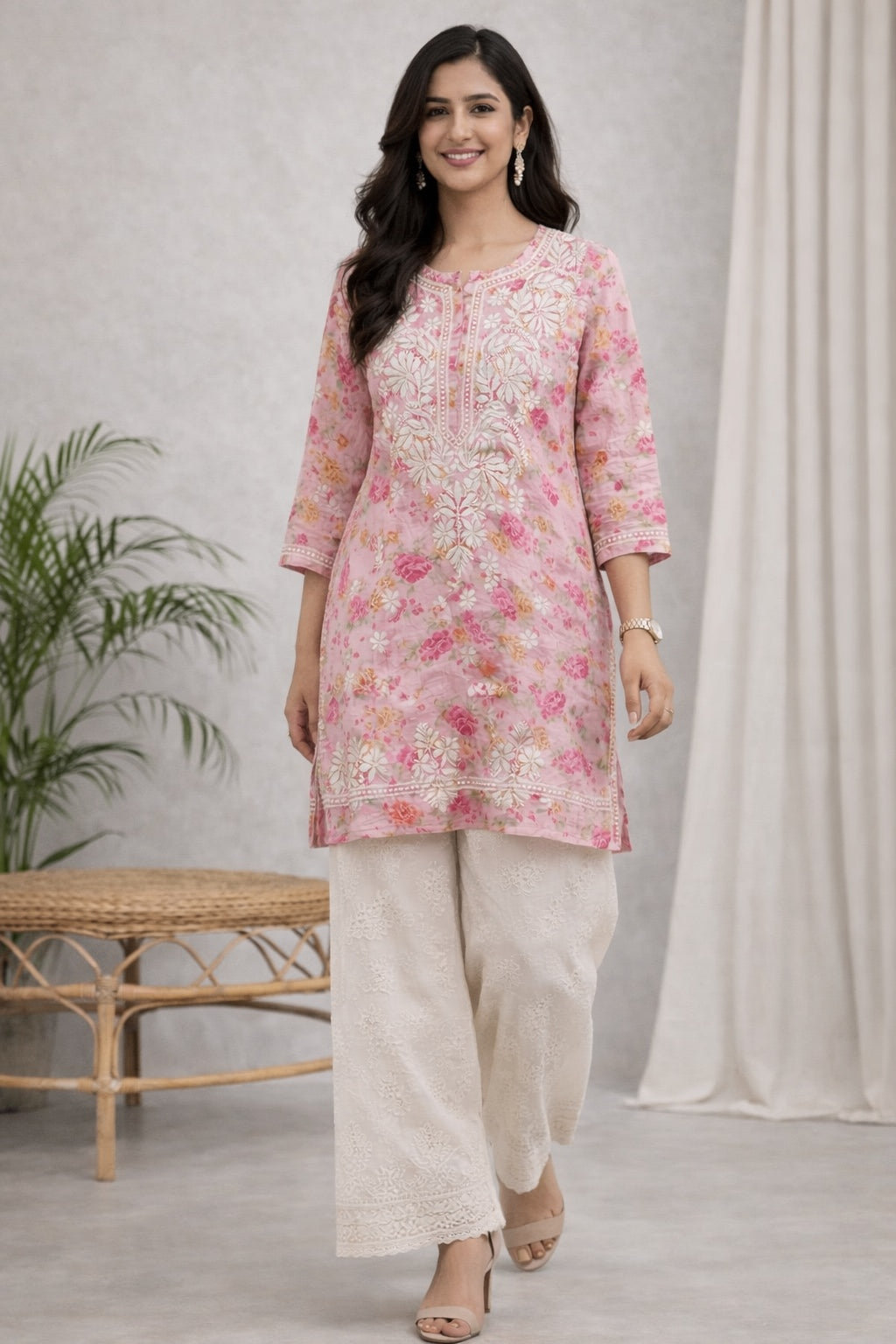 Karigiri Light Pink Floral Chikankari Printed Cotton Short Kurti_KF0116
