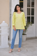 Karigiri Lemon Yellow Hand Embroidered Cotton Short Kurti_KF0302