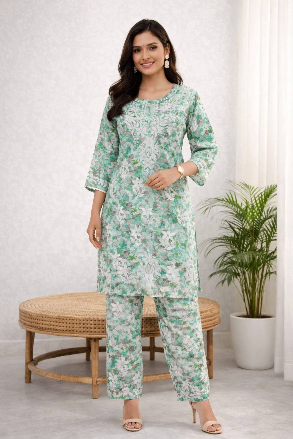 Karigiri Mint Green Chikankari Cotton Co-ord Set_KF0127