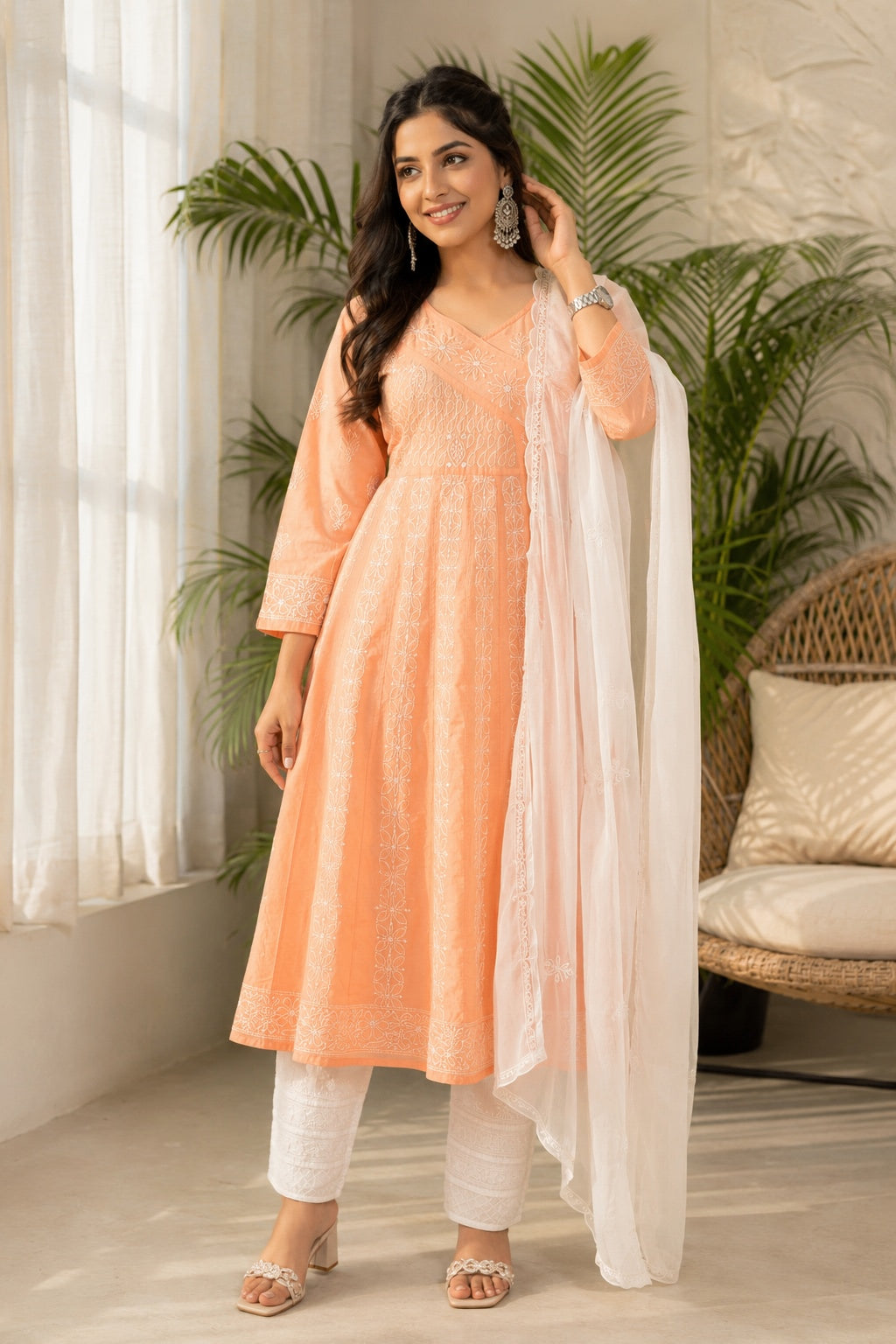 Karigiri Peach Hand Embroidered Chikankari Cotton Anarkali Kurti