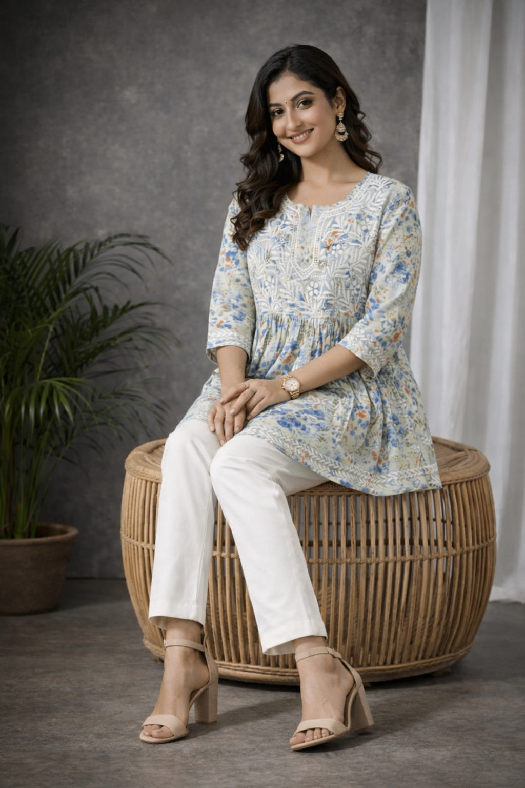 Karigiri Chikankari Printed Cotton Flared Short Kurti_KF0046