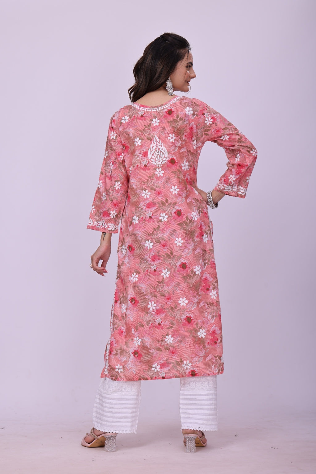 Karigiri Coral Pink Chikankari Printed Cotton Kurti_KF0028