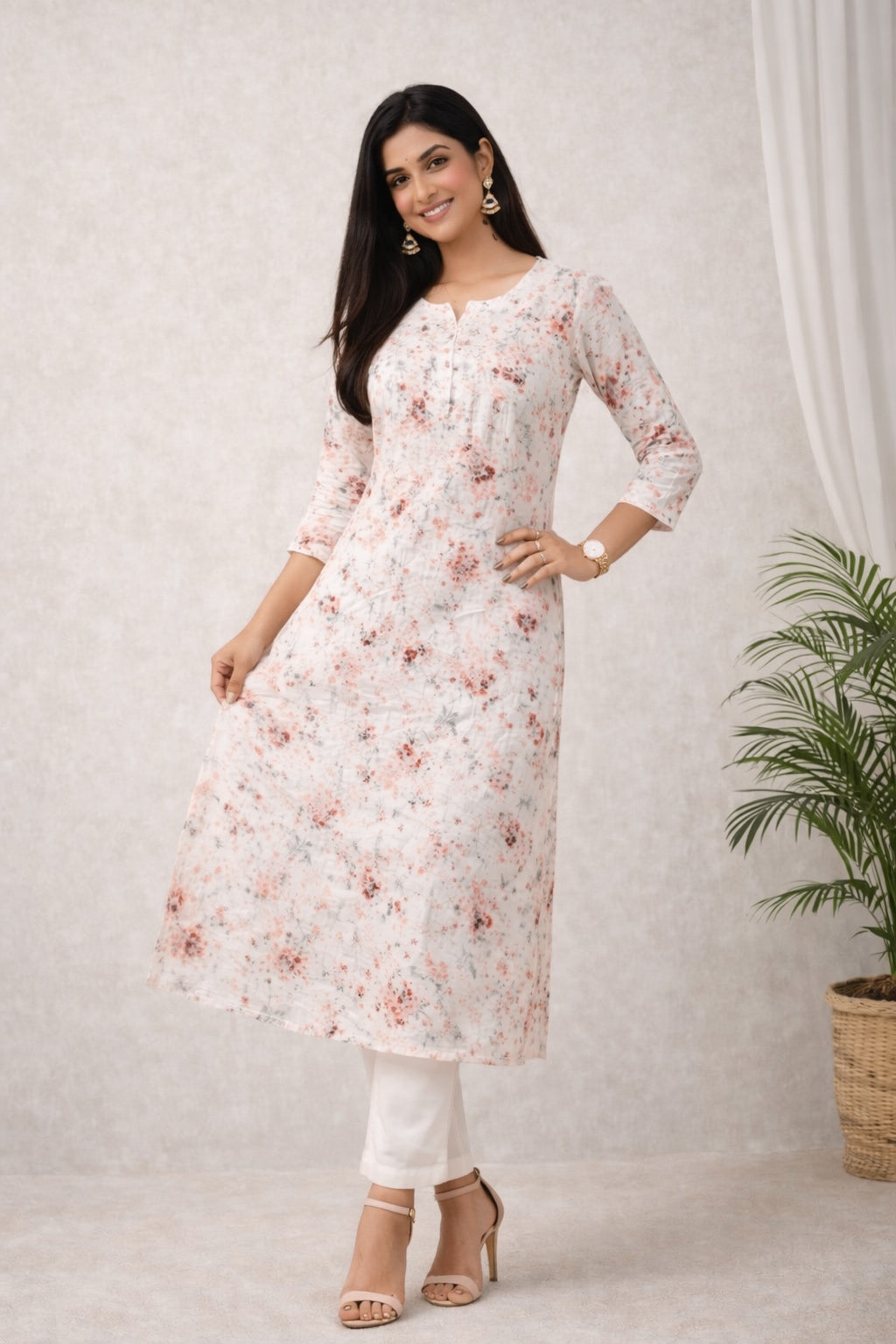Karigiri Off-White Peach Floral Printed Chikankari Kurta_KF0215