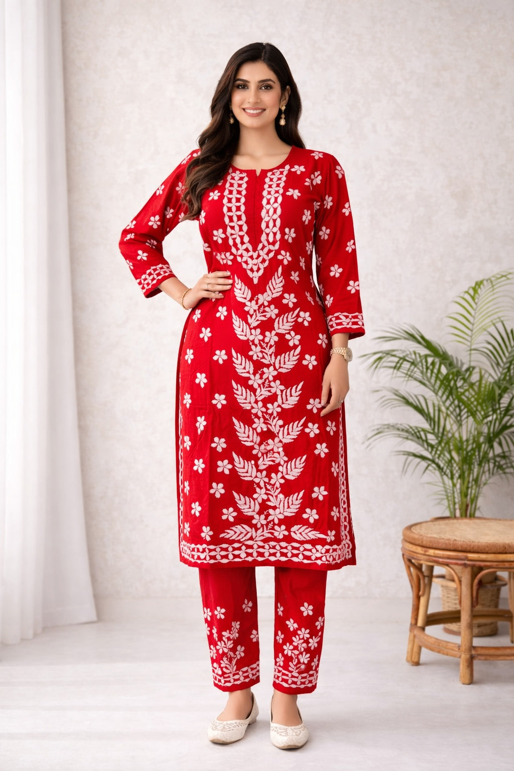 Karigiri Red Floral Chikankari Soft Mulmul Cotton Kurti Set_KF0164