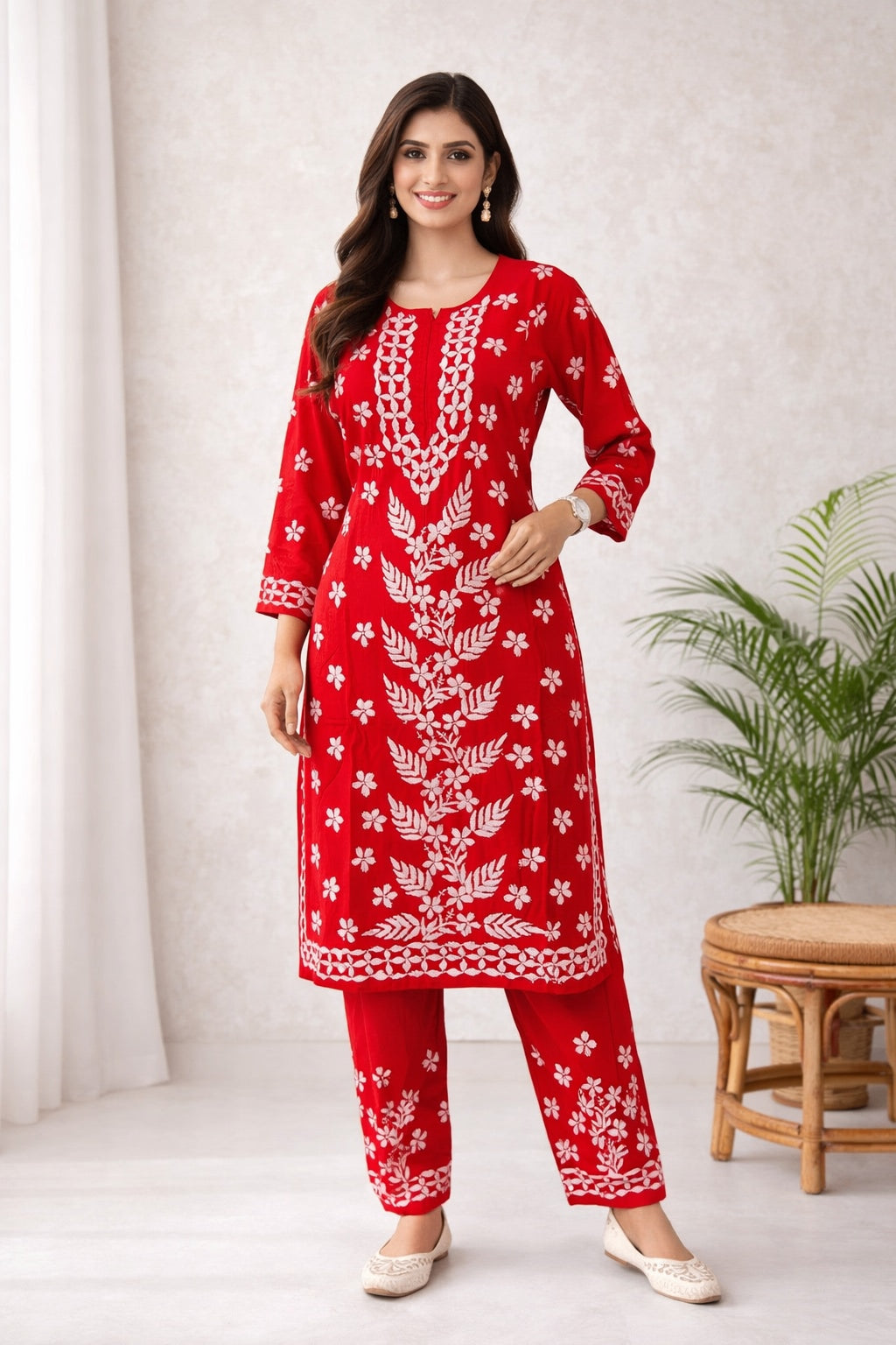 Karigiri Red Floral Chikankari Soft Mulmul Cotton Kurti Set_KF0164