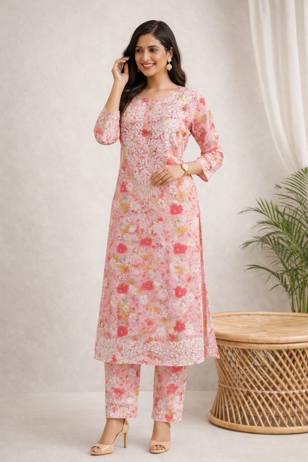 Karigiri Pink Floral Chikankari Printed Cotton Kurti Set_KF0070