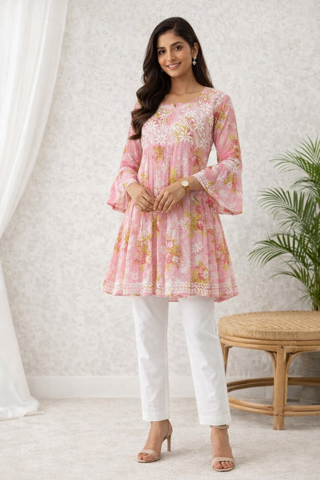 Karigiri Lucknowi Chikankari Flared Frock Style Short Kurti_KF0086