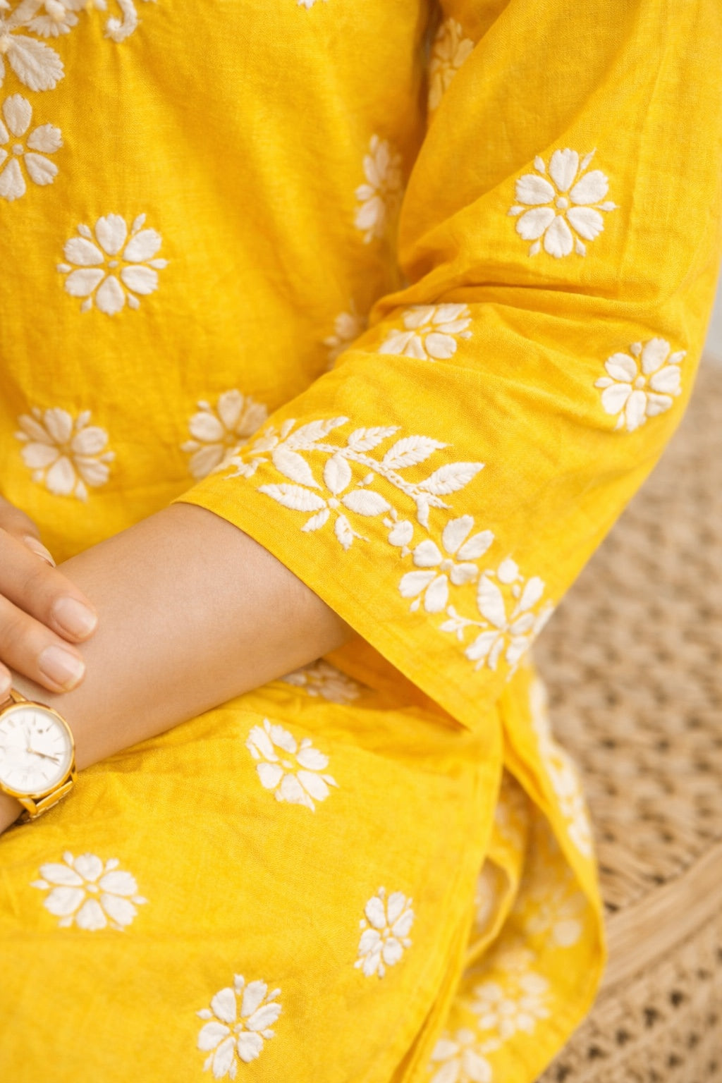 Karigiri Yellow Floral Lucknowi Chikankari Long Calf Length Kurti Set (Kurti with Same Pant), Hand Embroidered Soft Cotton, Straight Fit, Three-Quarter Sleeves, Round Neck