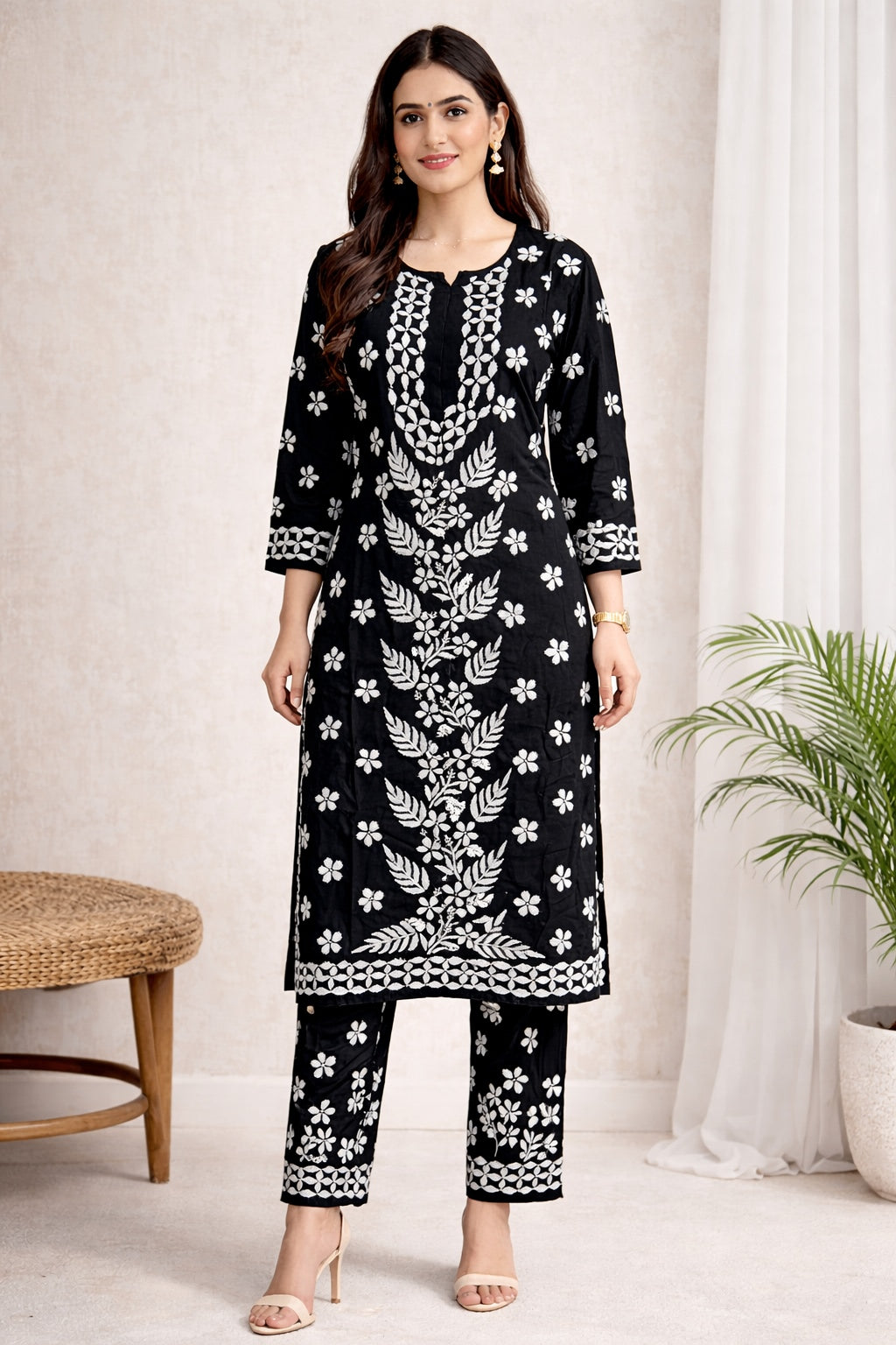 Karigiri Black White Chikankari Cotton Kurti Set_KF0008