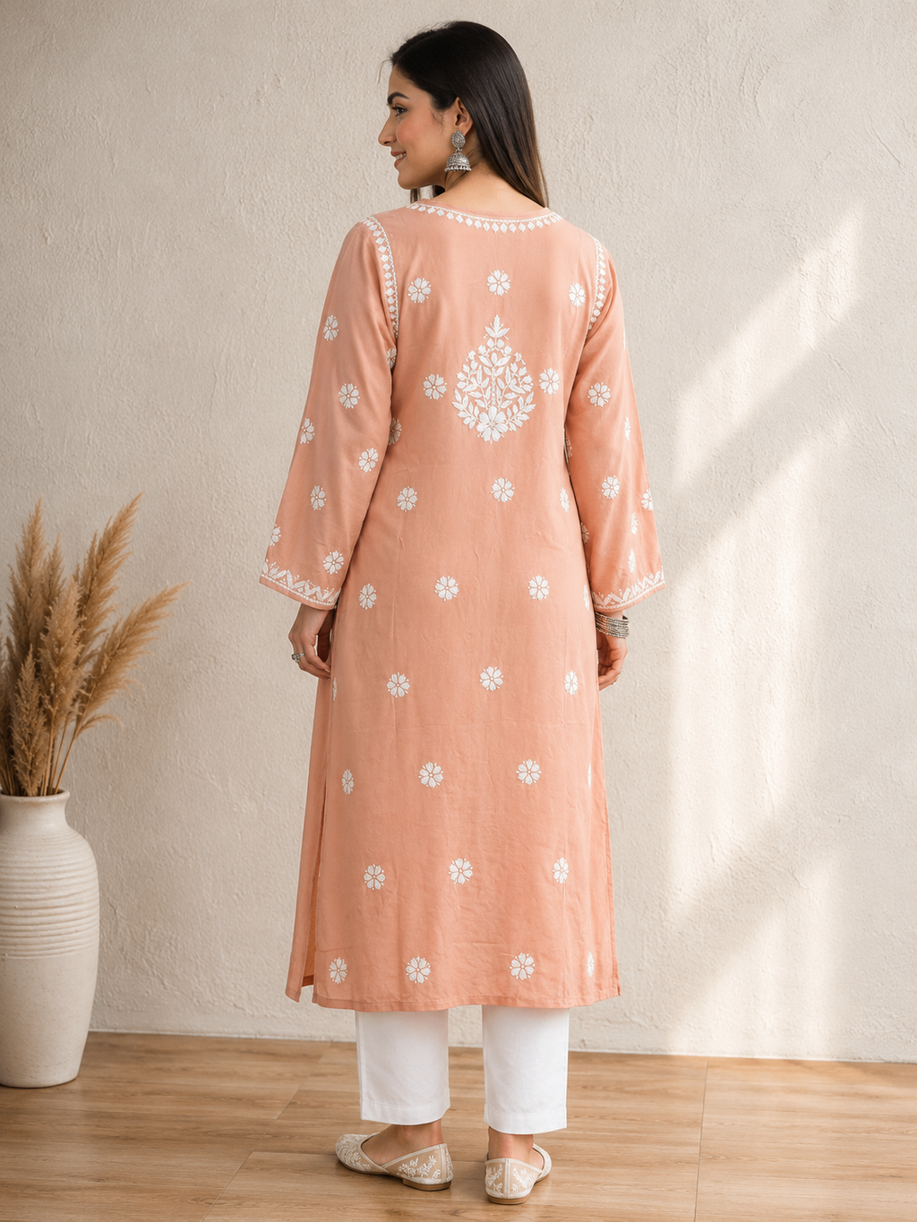 Karigiri Peach Pink Lucknowi Chikankari Hand Embroidered Mulmul Cotton Straight Kurti with White Floral Embroidery, 3/4 Sleeve, Ethnic Wear for Women_KFPP0414