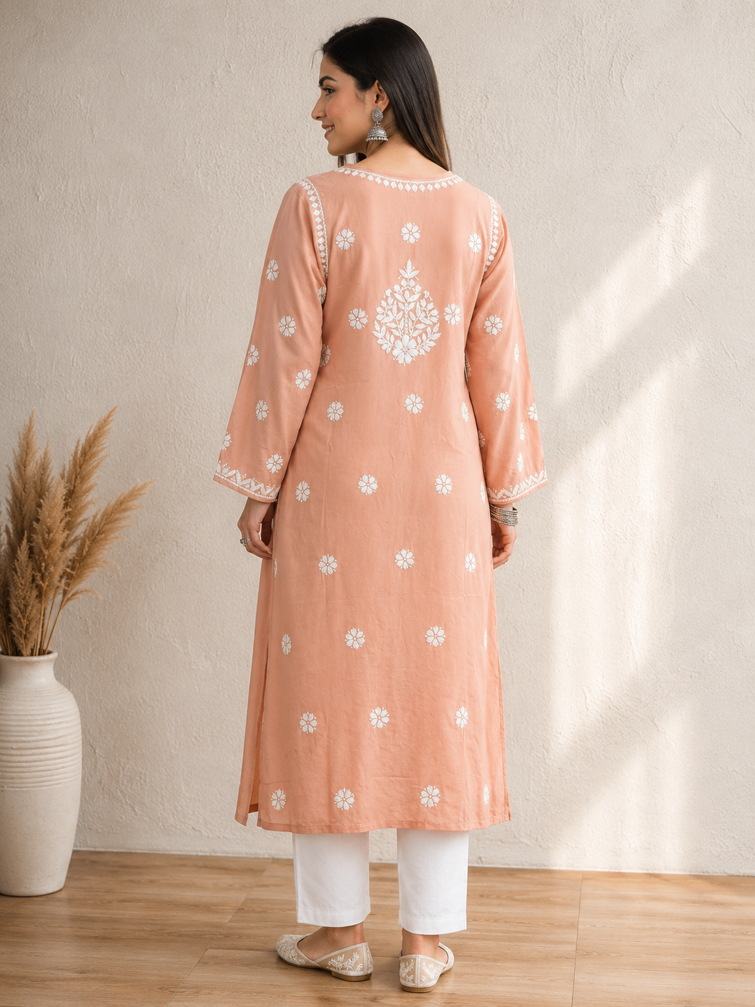 Karigiri Peach Pink Lucknowi Chikankari Hand Embroidered Mulmul Cotton Straight Kurti with White Floral Embroidery, 3/4 Sleeve, Ethnic Wear for Women_KFPP0414