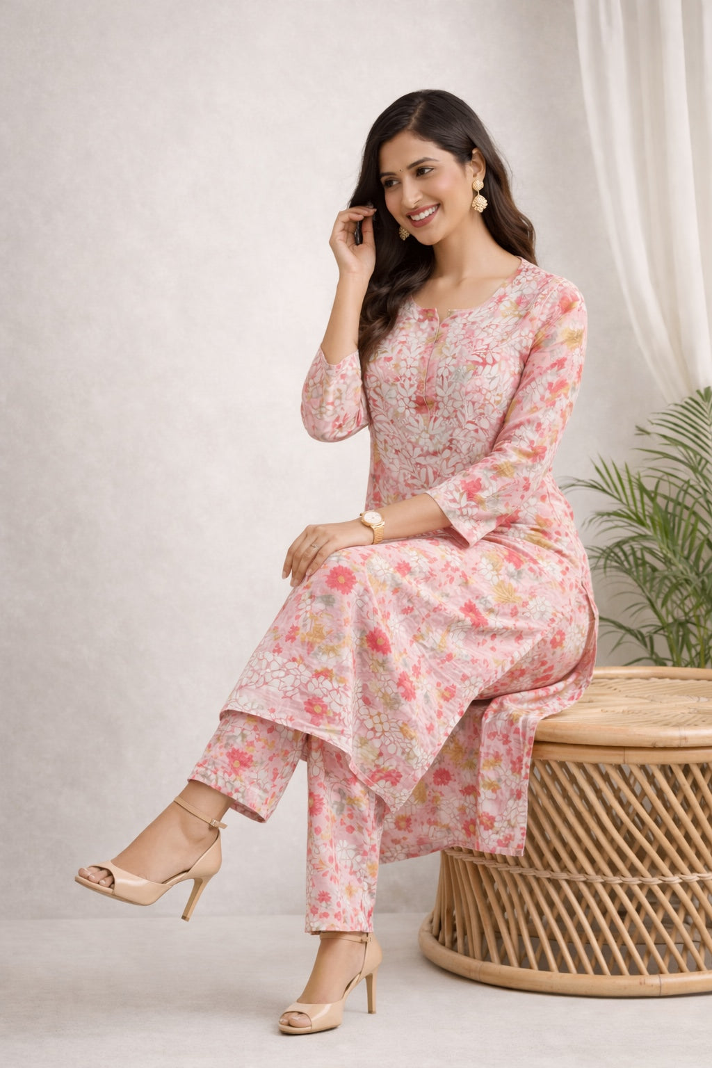Karigiri Pink Floral Chikankari Printed Cotton Kurti Set_KF0070
