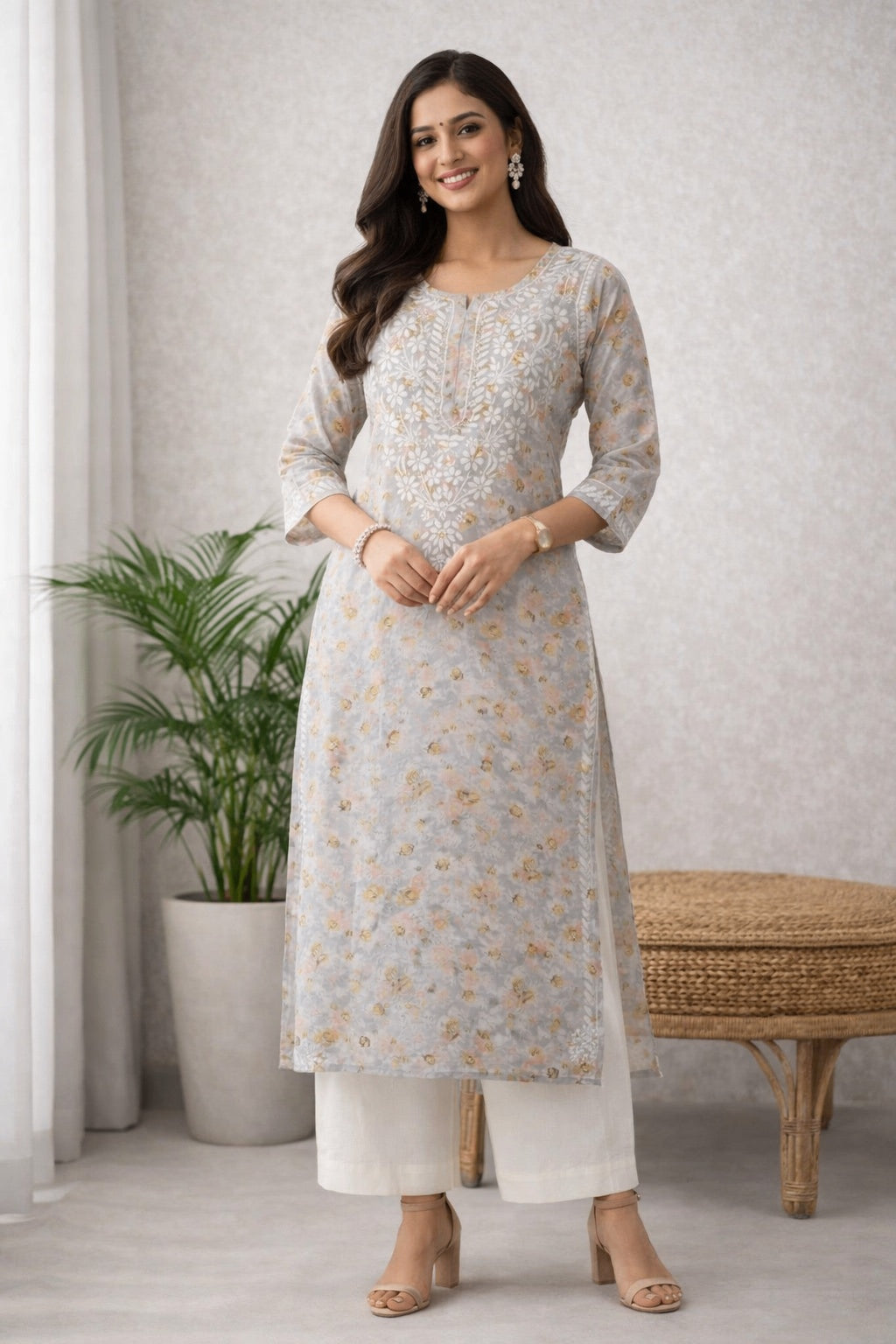 Karigiri Grey Chikankari Floral Printed Cotton Long Kurti_KF0039